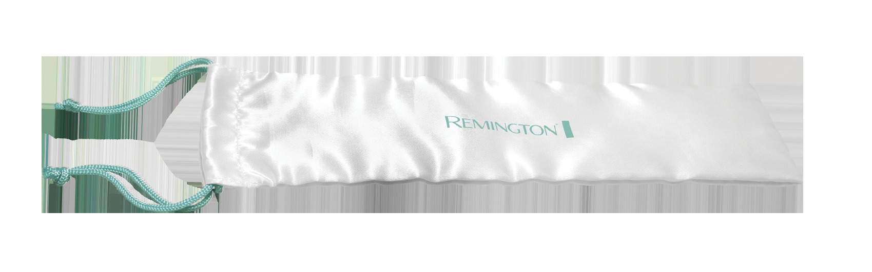 Sac en satin blanc avec un logo Remington et un cordon de serrage. Le sac est sur une surface blanche.