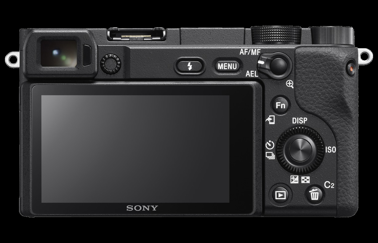 Rückseite einer schwarzen Sony Kamera. Knöpfe, Drehregler und ein Bildschirm. Schwarzer Hintergrund.
