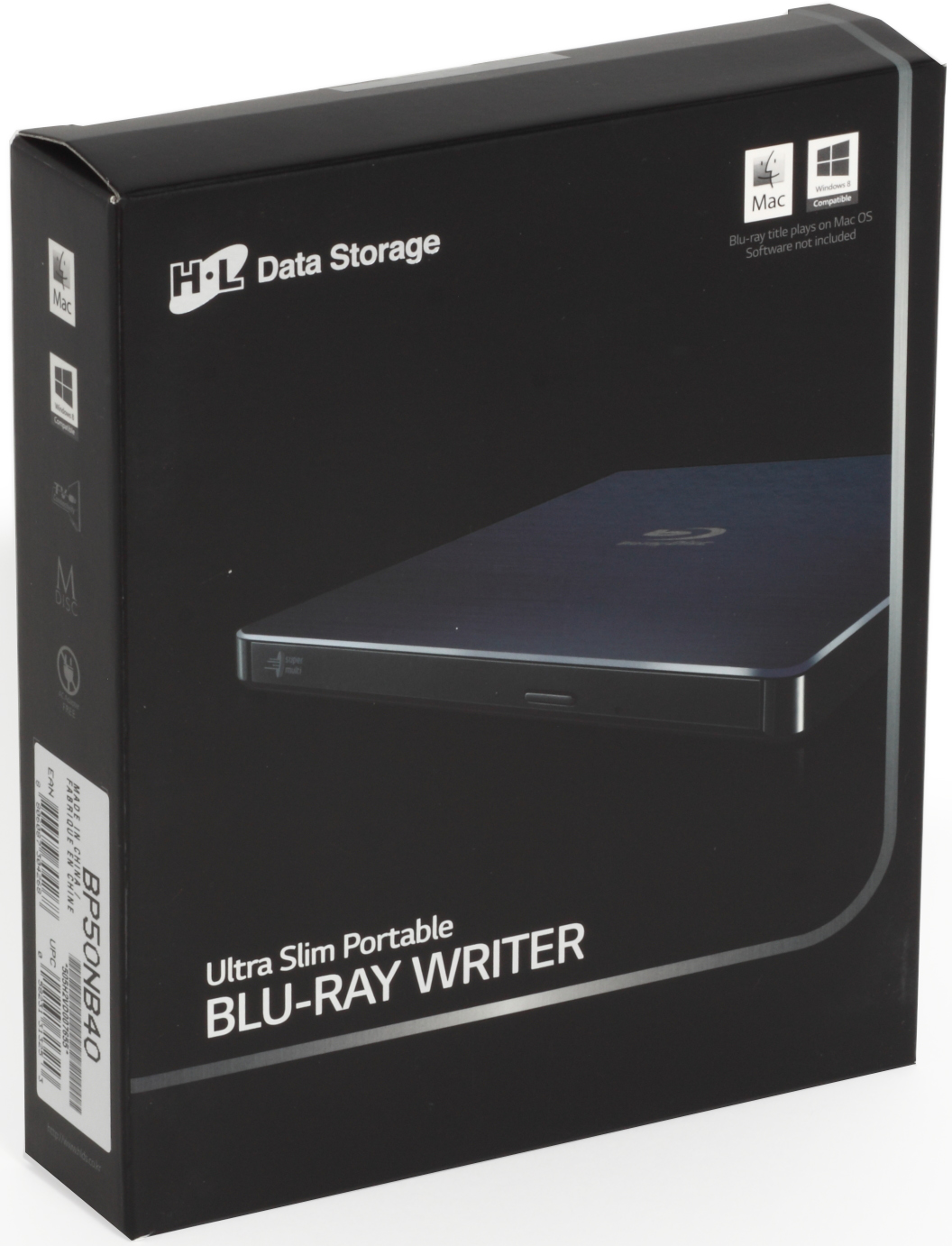 Schwarze Blu-Ray-Writer-Box mit Text und Produktbild.