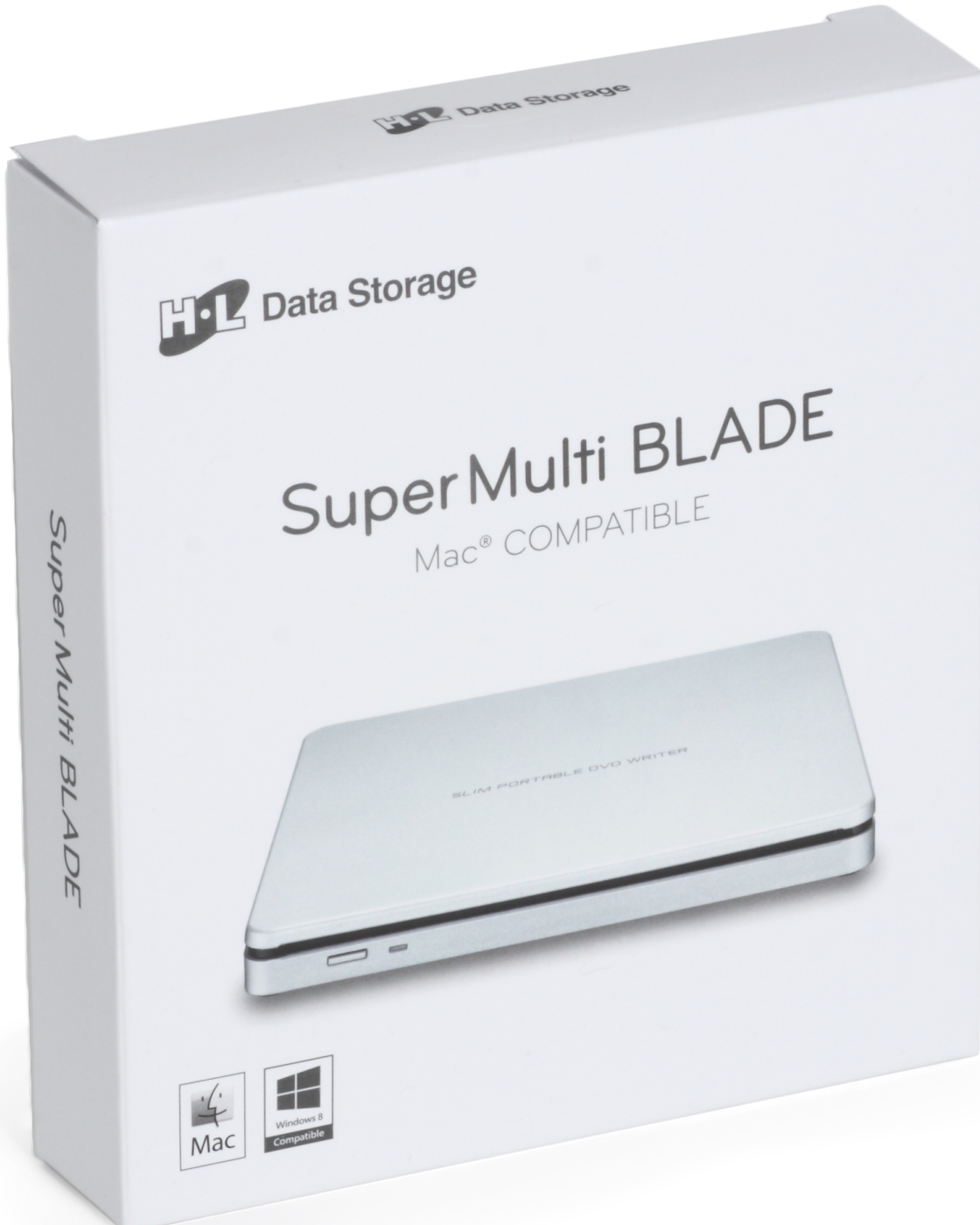Weiße Box mit "HL Data Storage" und "SuperMulti BLADE" Text. Ein schlanker tragbarer DVD-Brenner ist sichtbar.