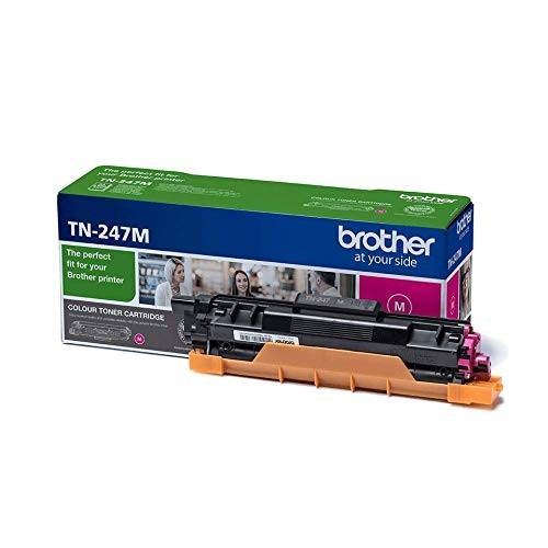 Caja de cartucho de tóner magenta Brother TN-247M, con el cartucho visible.