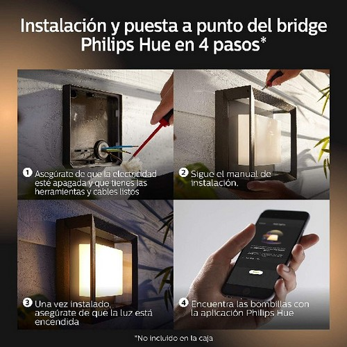 Instrucciones para la instalación del puente Philips Hue en 4 pasos, texto en español.