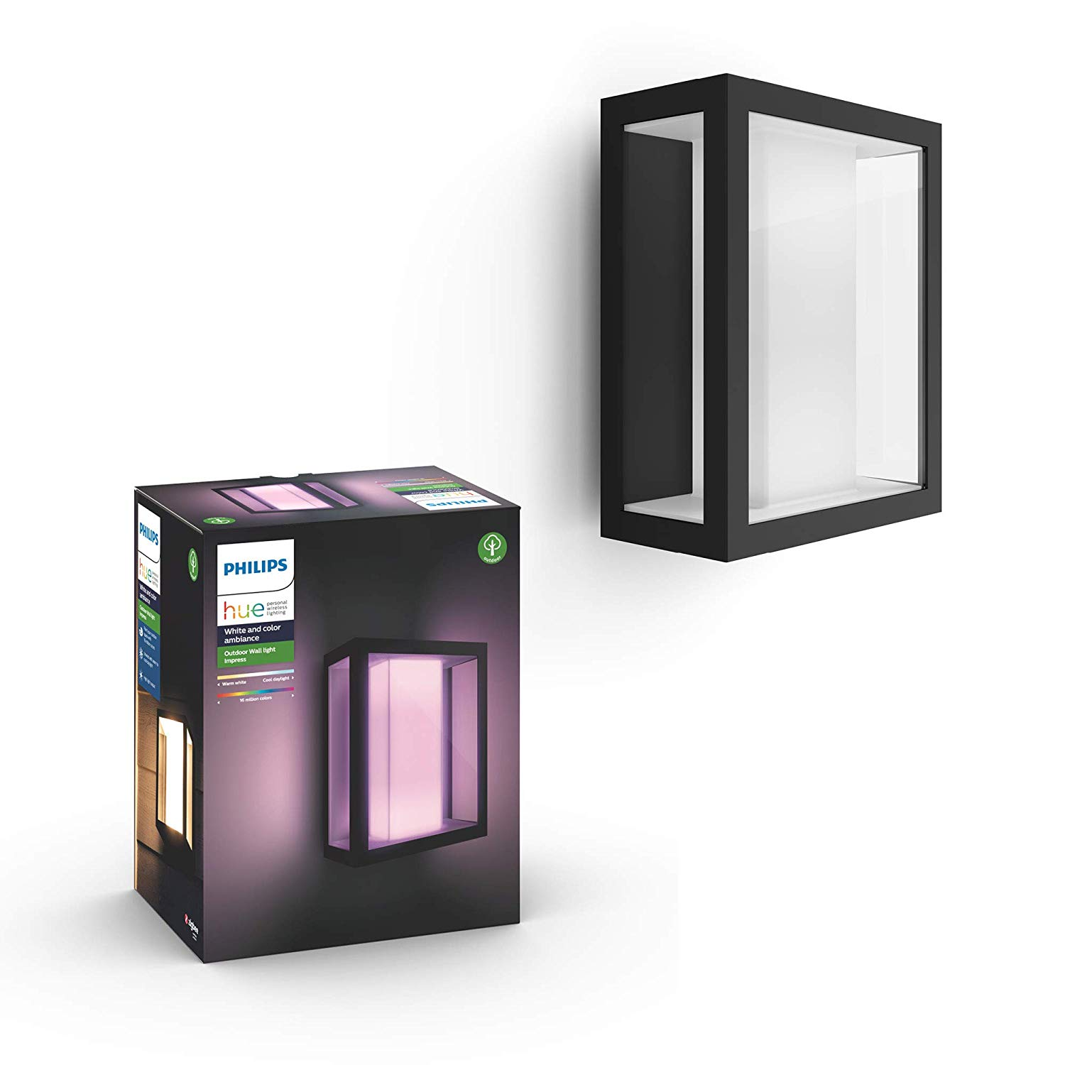 Caja de luz Philips Hue negra y luz montada en la pared. La caja muestra luz púrpura.