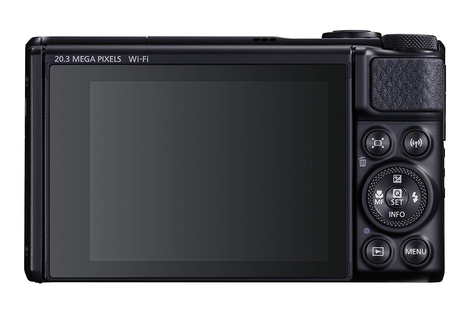 Una cámara Canon negra, vista trasera, con la pantalla encendida. Botones y ajustes visibles.