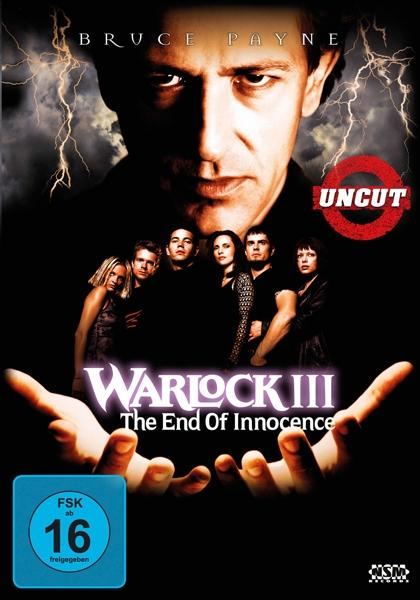 DVD-Cover mit Schauspielern, dem Titel 'Warlock III' und Blitzen. Das Uncut-Label ist sichtbar.