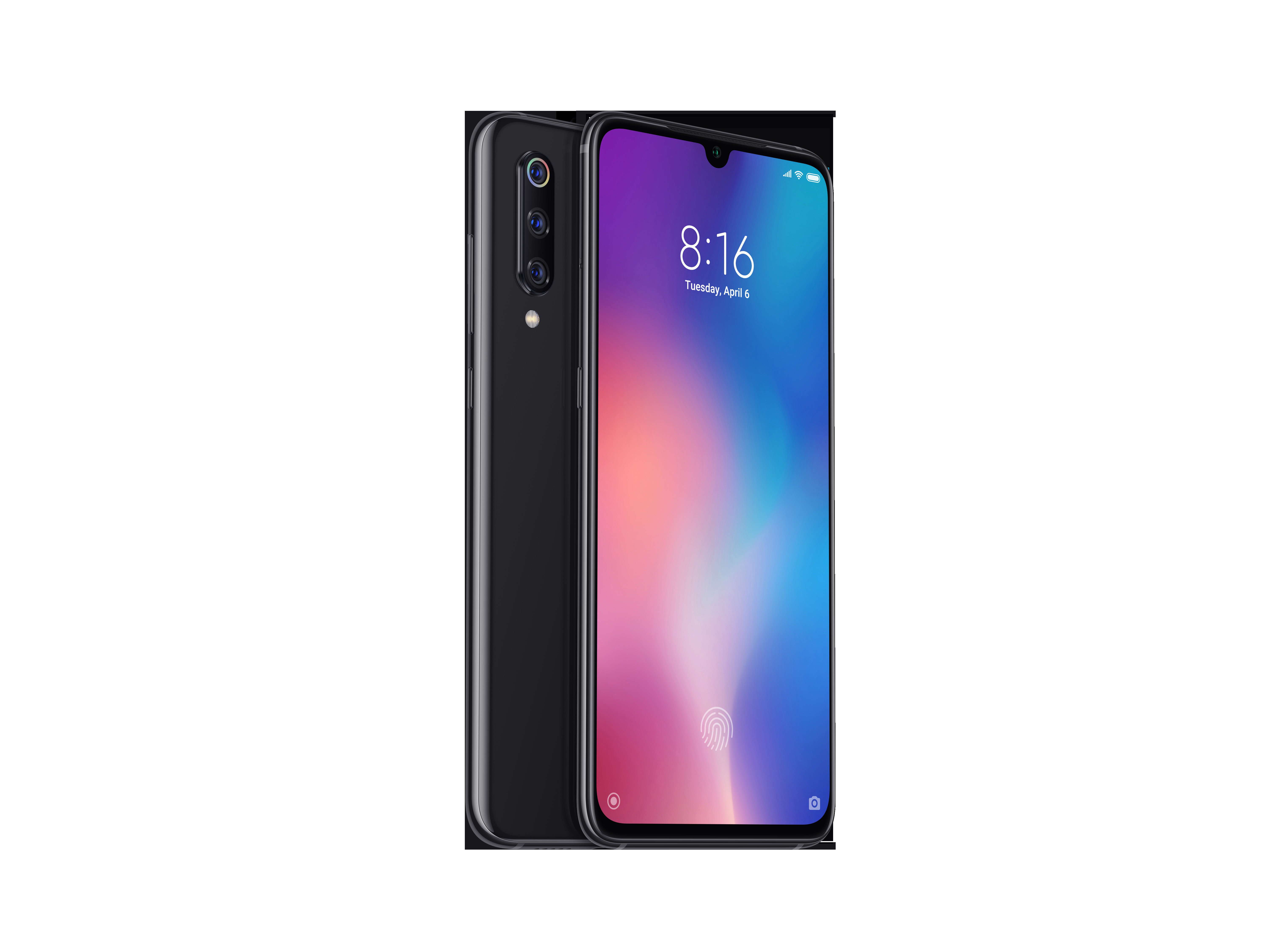 Schwarzes Smartphone mit Zeitanzeige. Die Rückseite hat eine Kamera. Der Hintergrund ist weiß.