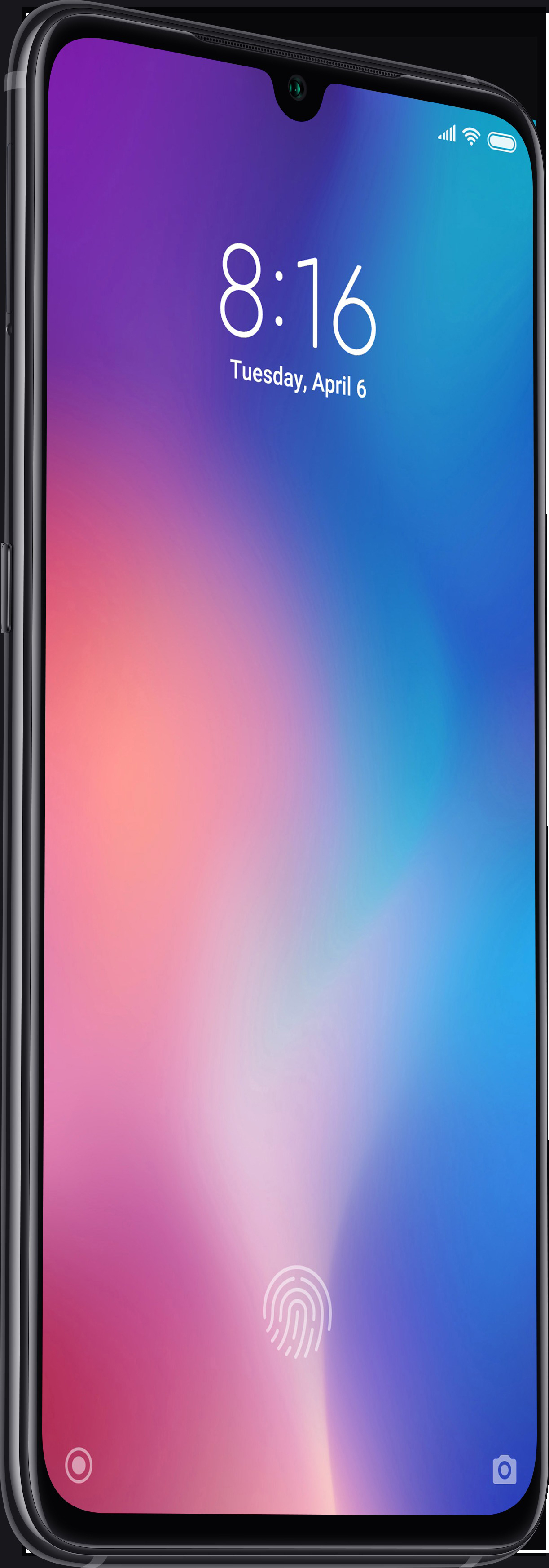 Schwarzes Smartphone mit farbenfrohem Display. Fingerabdrucksymbol und Datum sichtbar.