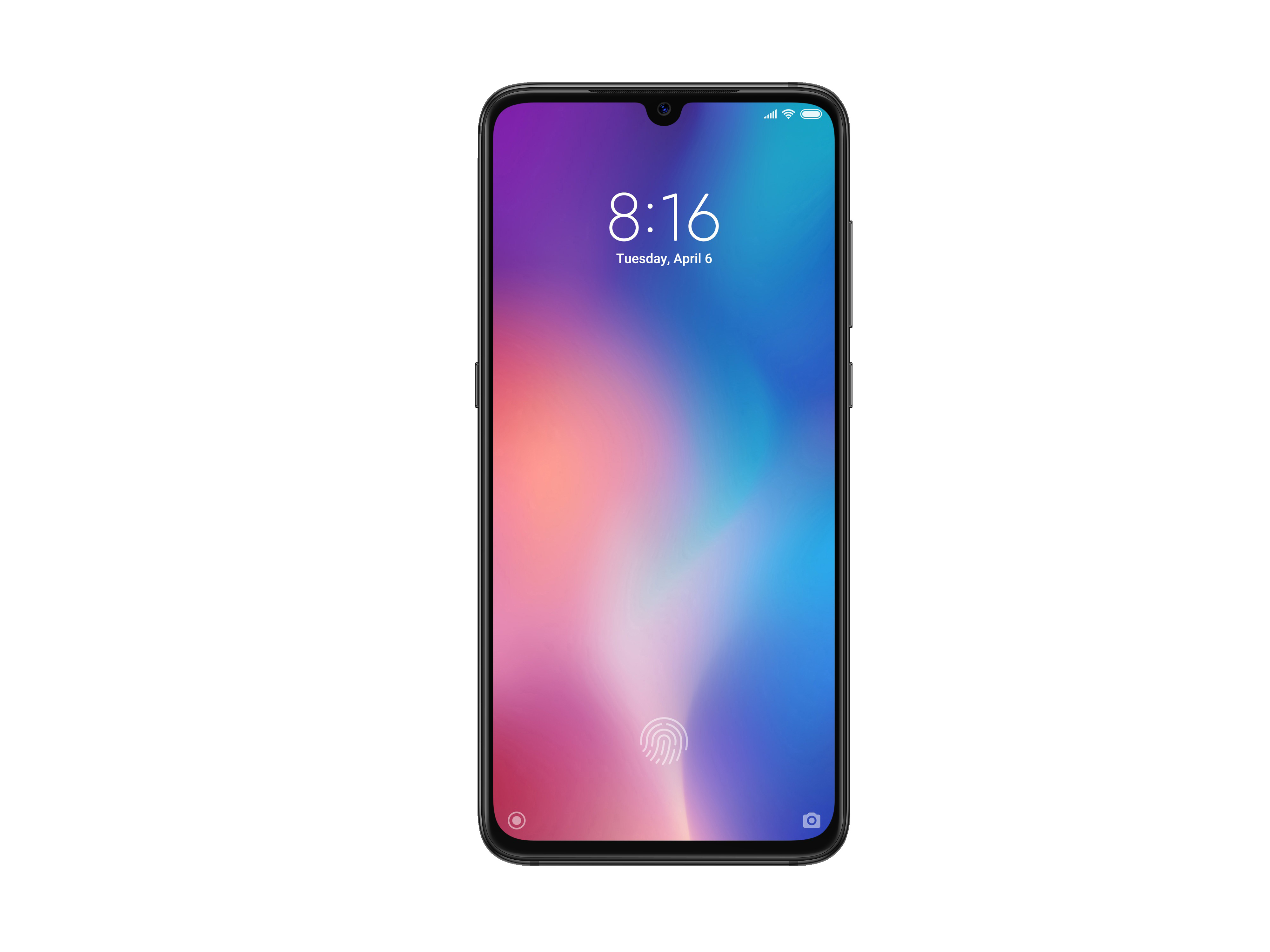 Schwarzes Smartphone mit farbigem Bildschirm, der die Uhrzeit anzeigt. Fingerabdrucksensor unten.