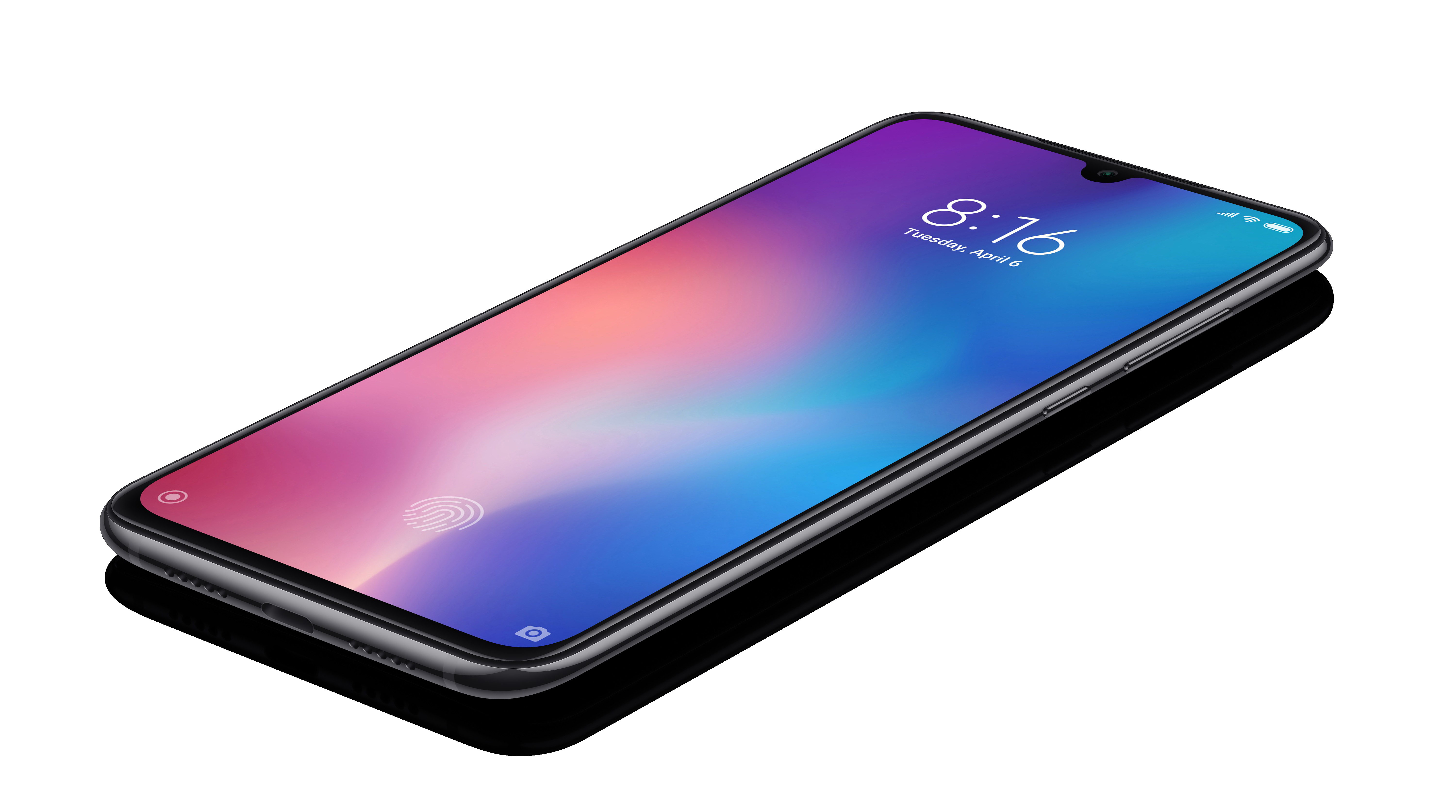 Ein Smartphone mit farbenfrohem Display, das ein Fingerabdrucksymbol und die Uhrzeit zeigt.