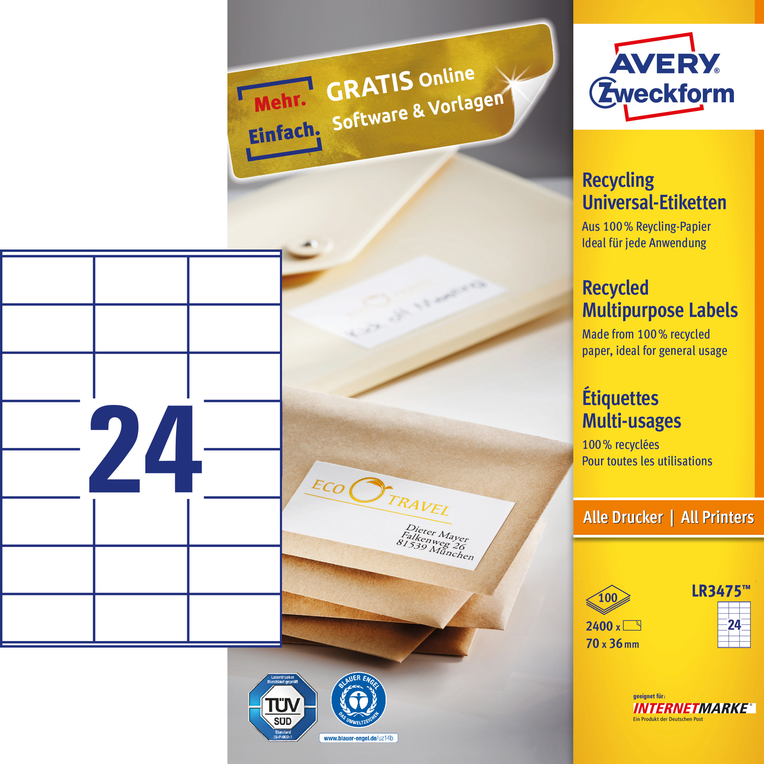 AVERY ZWECKFORM LR3475 70 x 36 mm 70 x 36 mm A4  2.400 Etiketten / 100 Bogen