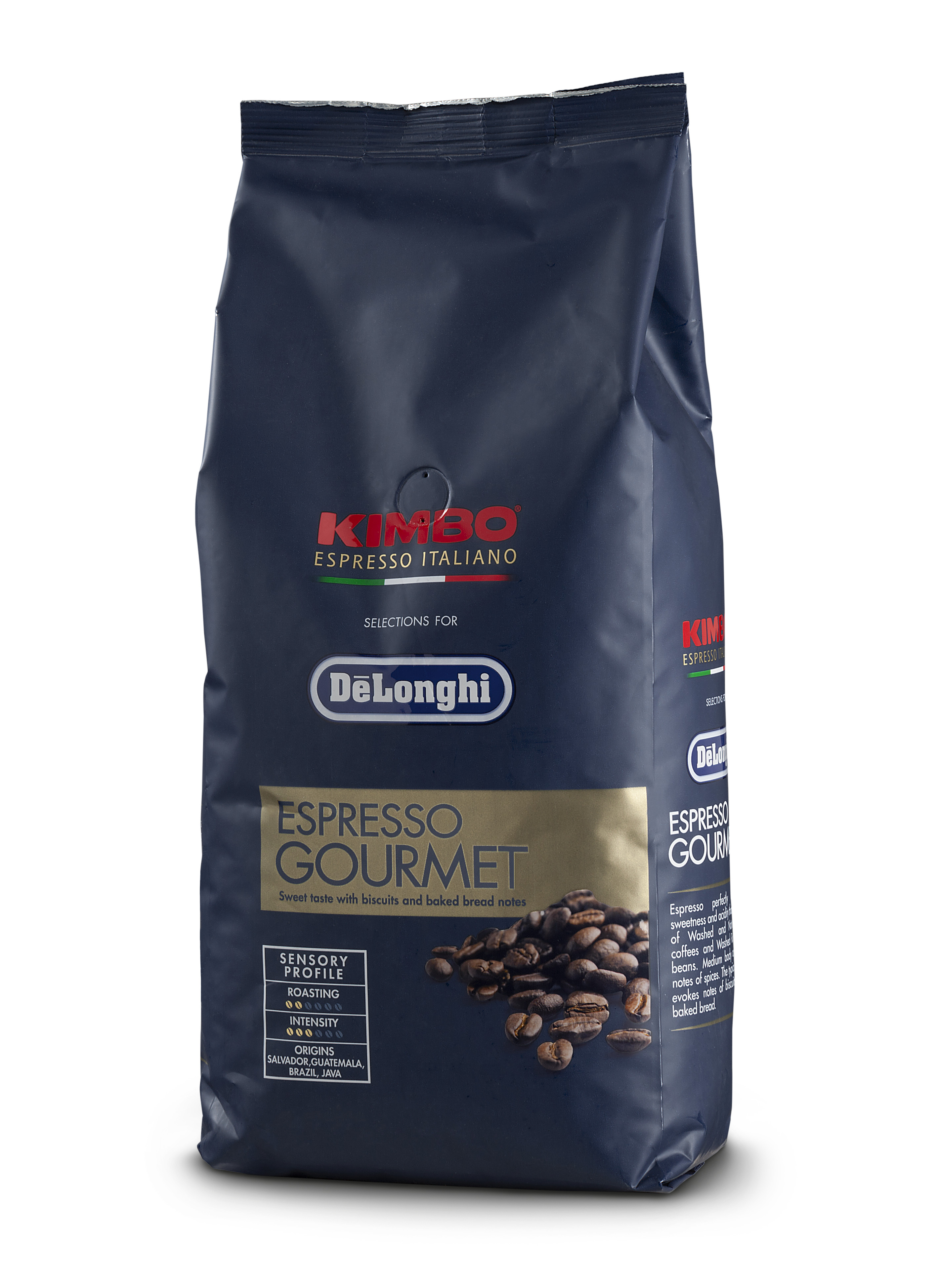 Eine dunkelblaue Tüte Kimbo Espresso Gourmet Kaffee, mit Kaffeebohnen und Informationen auf Italienisch.