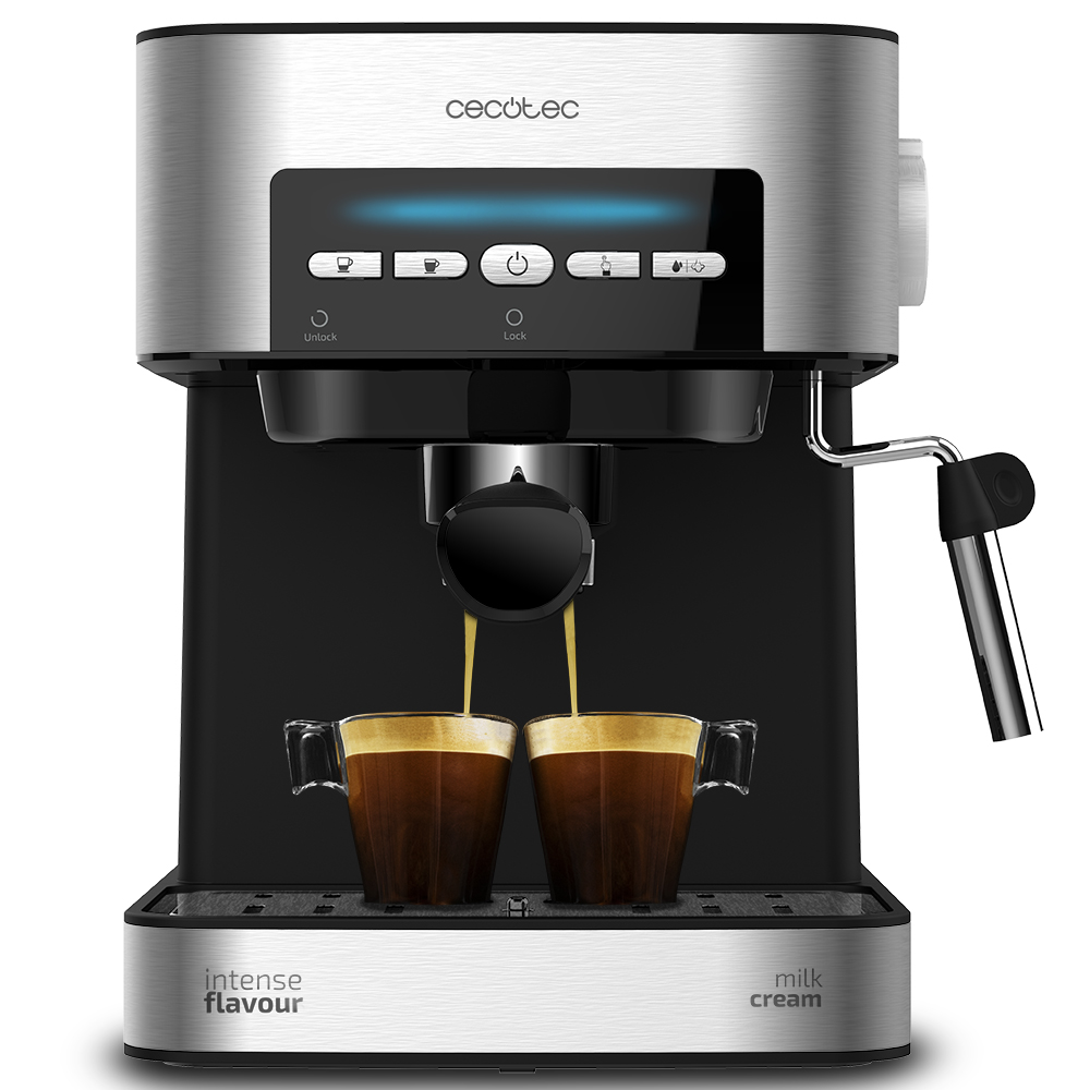 Cafetera Cecotec Power espresso 20 matic 850w bar. express para y cappuccino modo auto 15l brazo doble salida vaporizador superficie calientatazas mandos digitales acabados en acero inoxidable negroplata 850