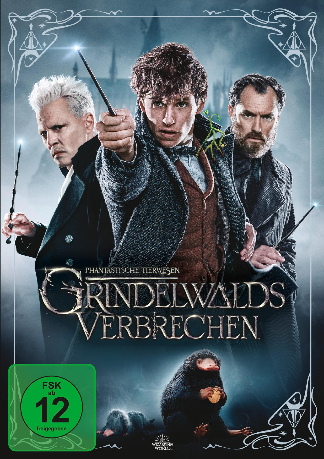 Phantastische Tierwesen: Grindelwalds Verbrechen DVD-Cover, drei Charaktere mit Zauberstäben.