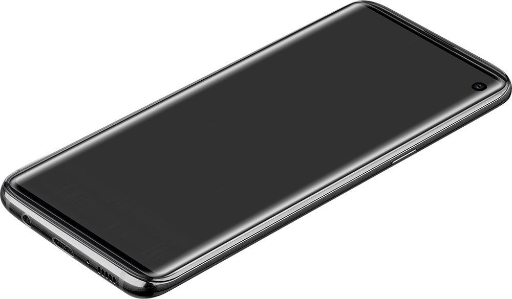 Een zwarte smartphone met een scherm dat een zwart scherm toont. De randen zijn metallic, de achtergrond is zwart.