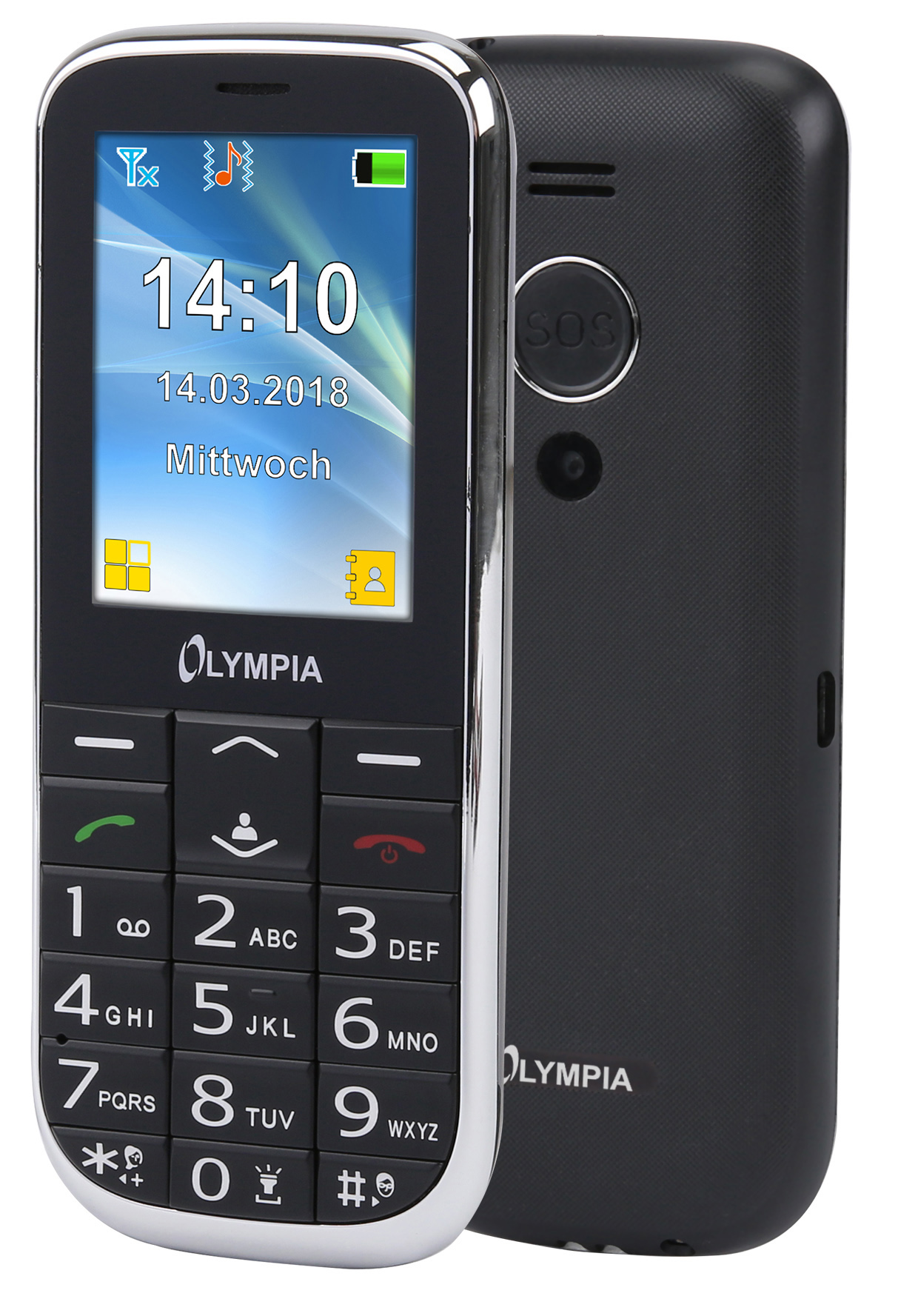 Schwarzes Olympia-Telefon mit großen Tasten und einem Bildschirm, der Uhrzeit und Datum anzeigt.