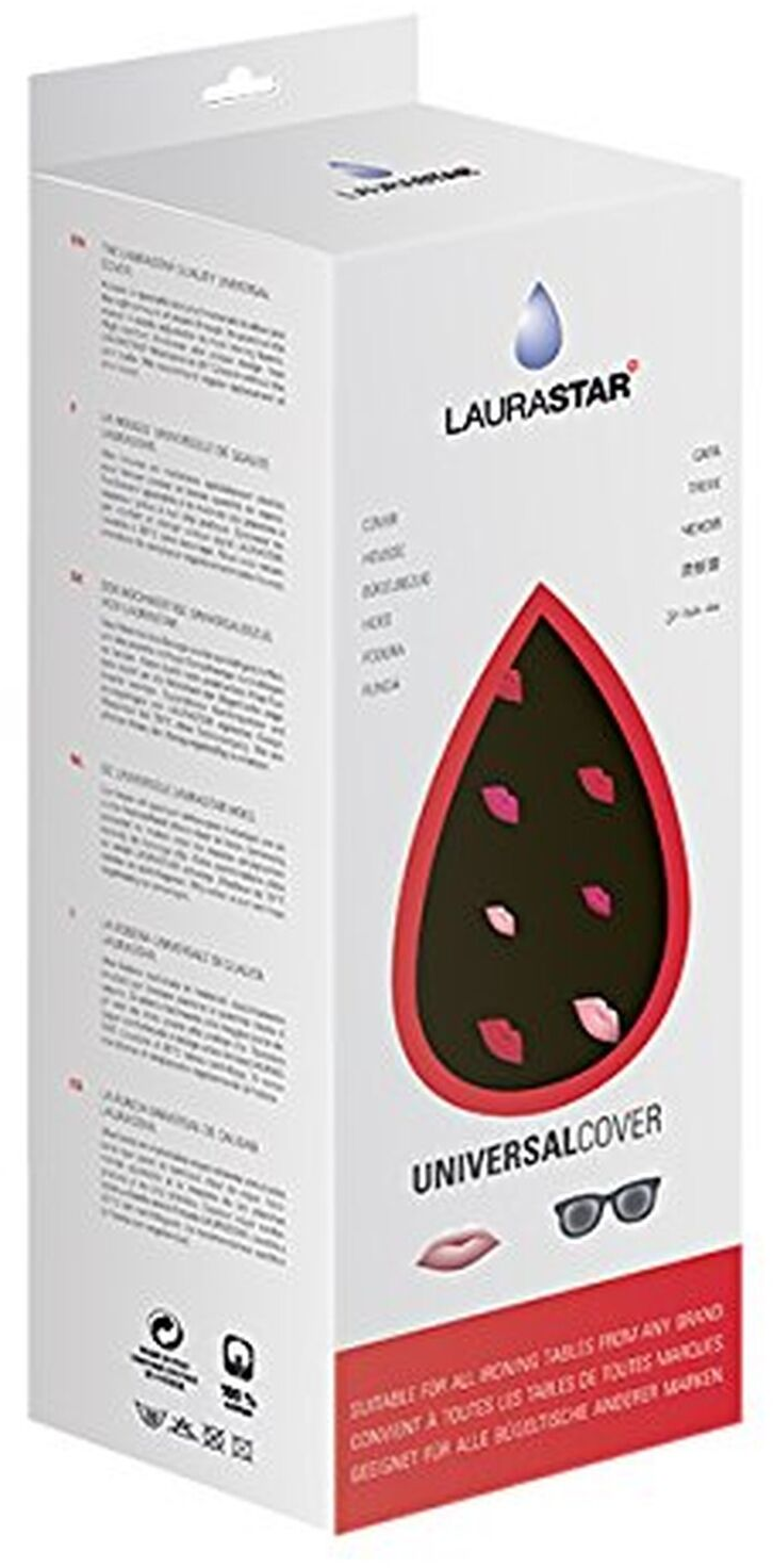 Eine weiße Schachtel mit dem Lauratstar-Logo. Es zeigt eine Tropfenform mit Lippenabdrücken. Der Text lautet 'Universal Cover'.