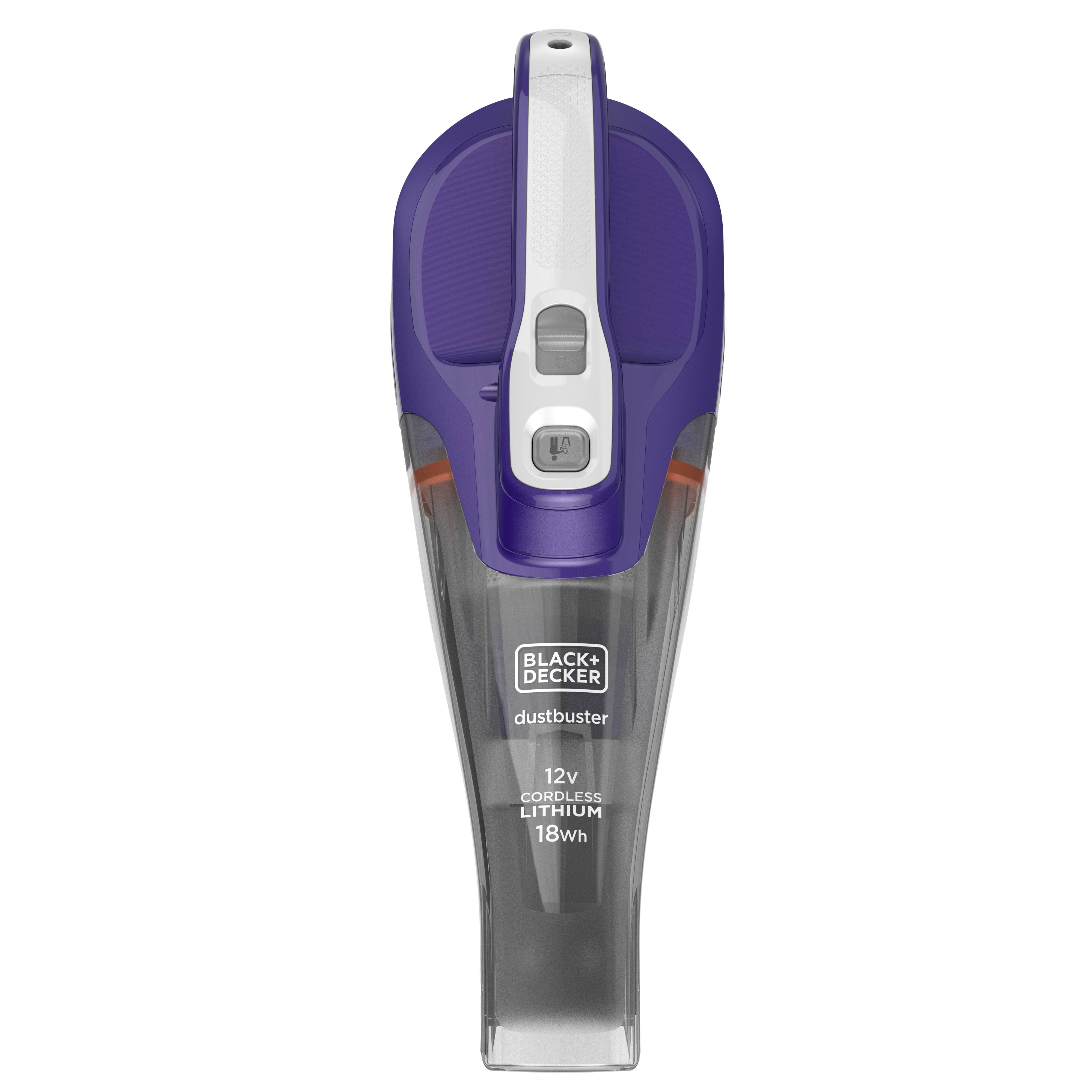 Aspirapolvere Black+Decker Dustbuster viola e grigio. Manico bianco e ugello grigio, vista dall'alto.