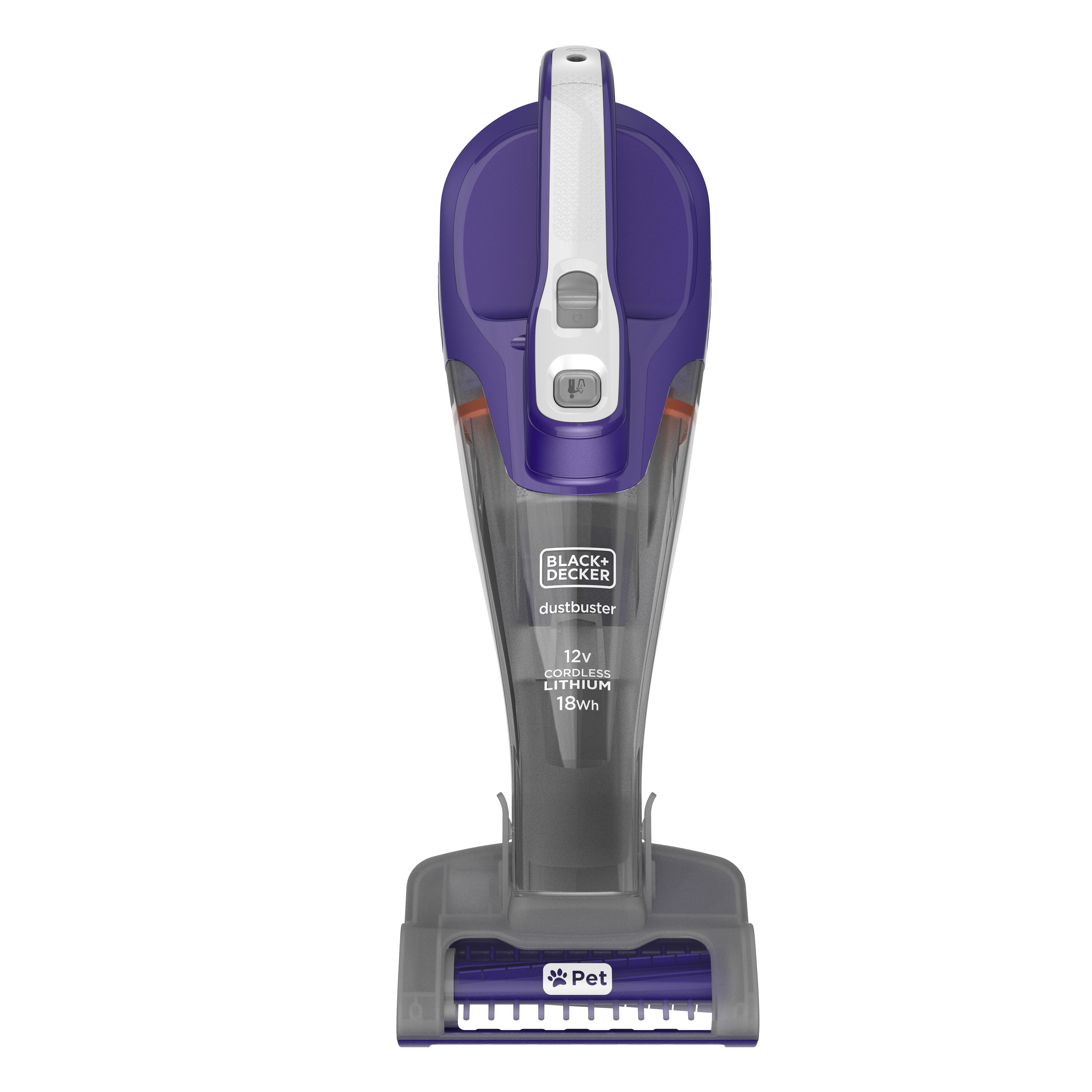 Aspirapolvere portatile viola e grigio, marchio Black+Decker. Include un accessorio a spazzola.