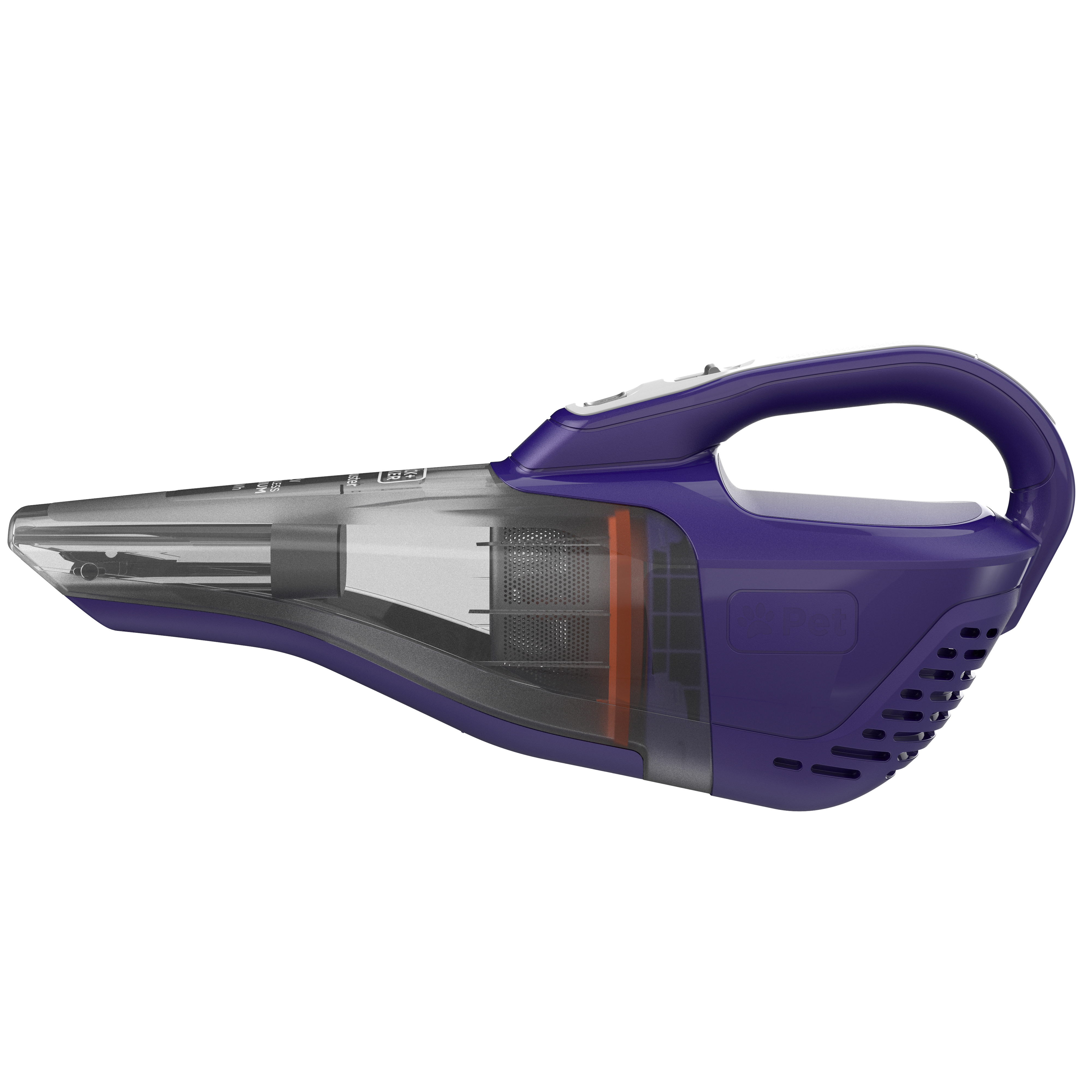 Ein blau-violetter Handstaubsauger. Er hat ein transparentes Fach und einen orangefarbenen Filter.