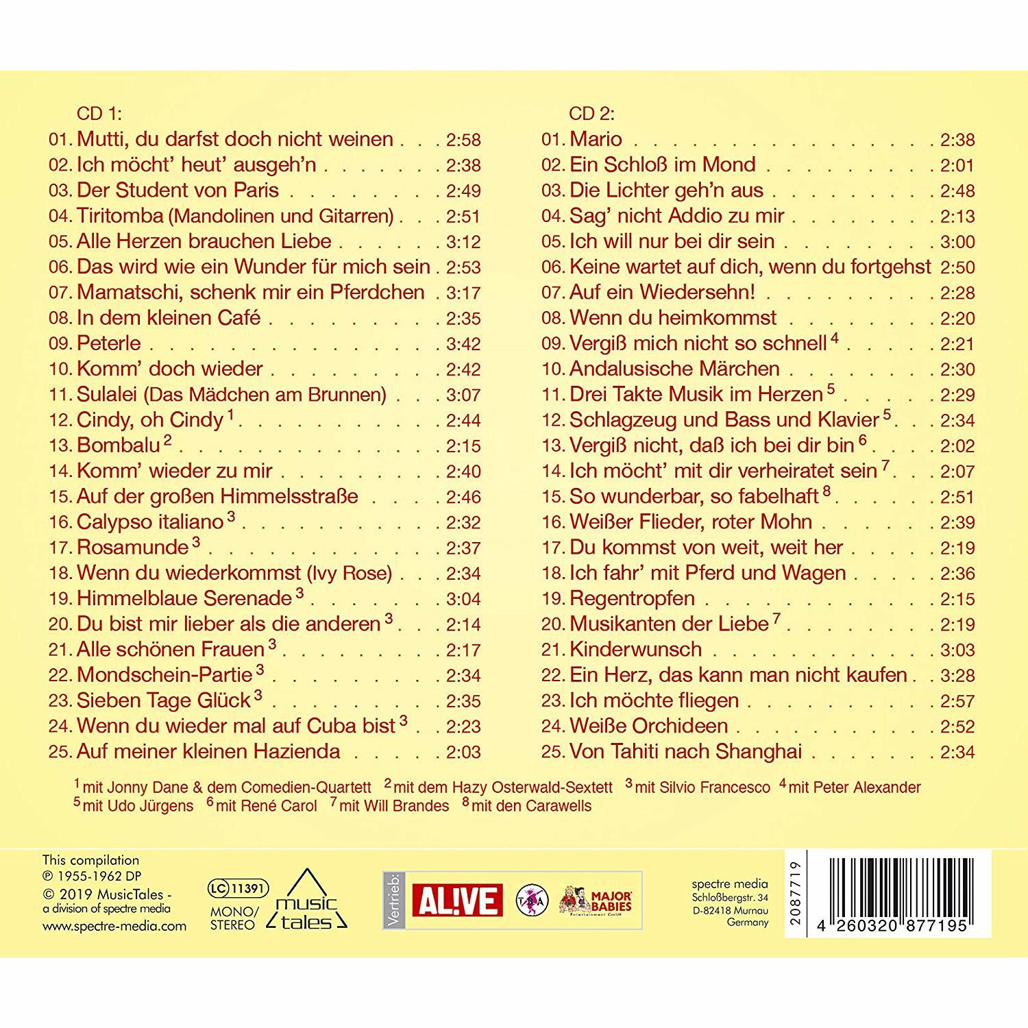 Eine CD-Zusammenstellung mit Titelliste. Text in Deutsch und Englisch. Enthält ein "Major Babies" Logo und CD-Label.