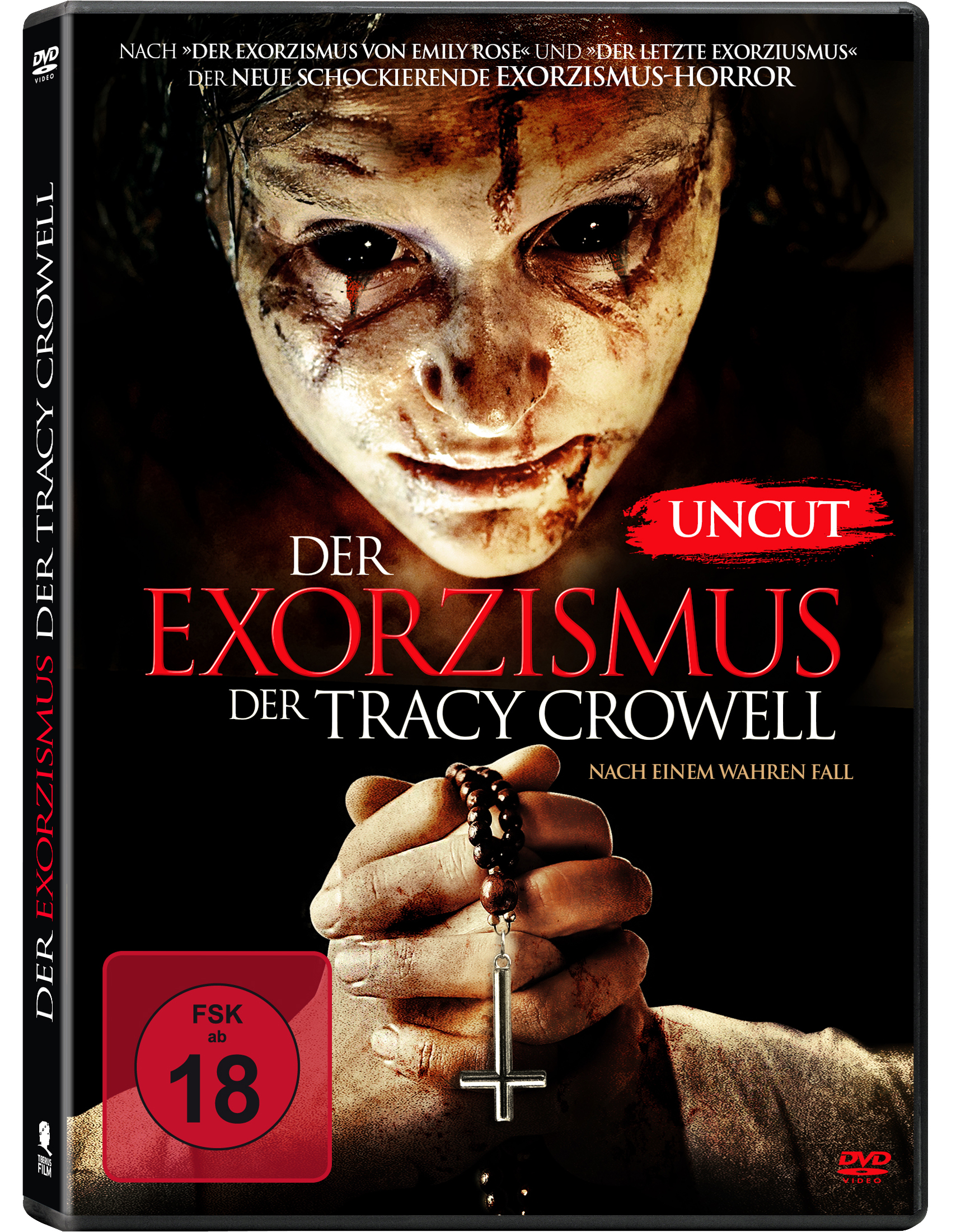 DVD-Cover mit einem unheimlichen Gesicht und einer Hand, die Rosenkranzperlen hält.