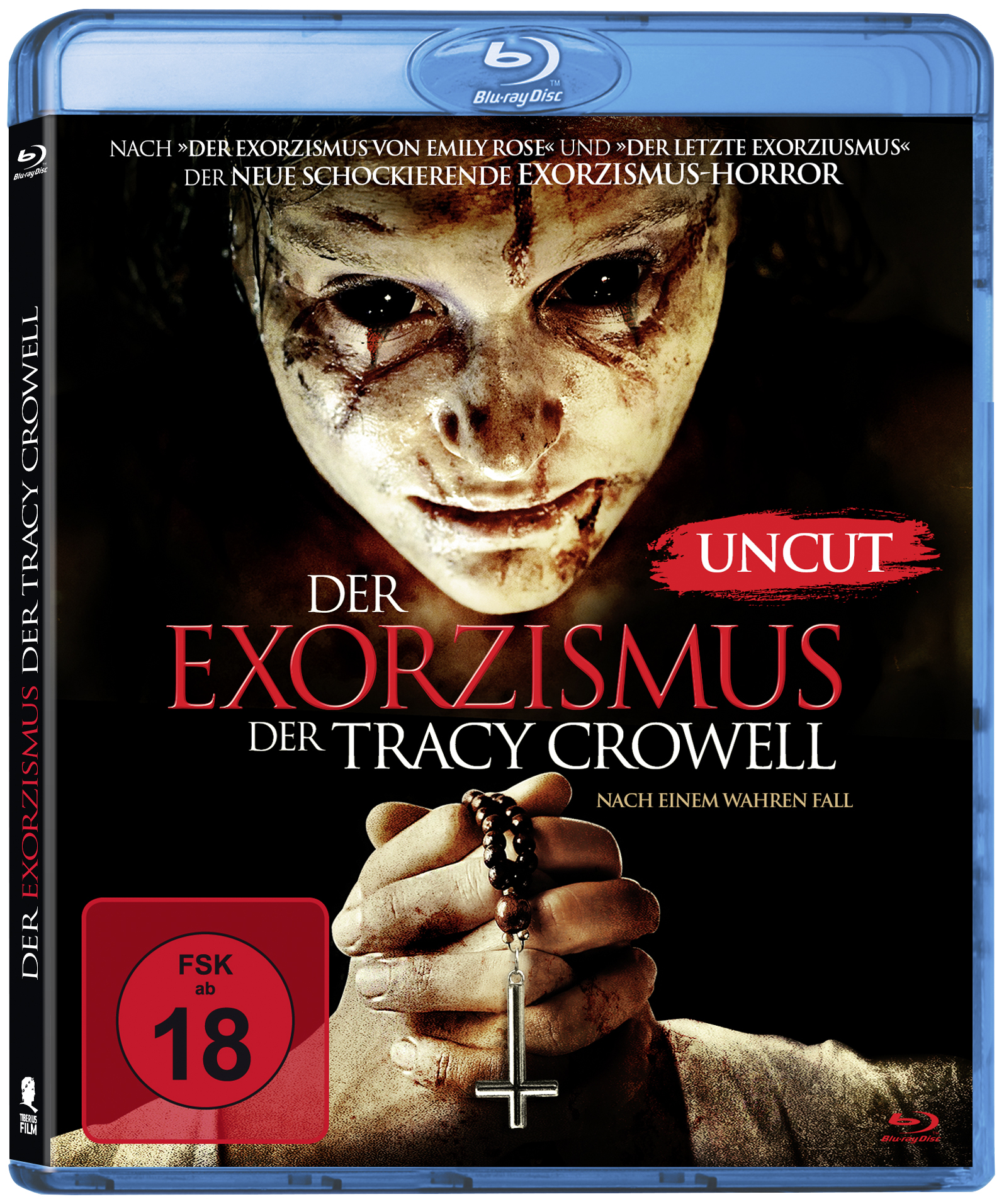 Filmcover: Frauengesicht mit Blut, Titel: Der Exorzismus der Tracy Crowell, Hände halten Rosenkranz.