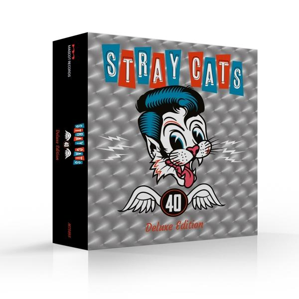 Stray Cats album. Cartoonkat met blauw haar en een 40 logo. Zwarte en zilveren achtergrond.