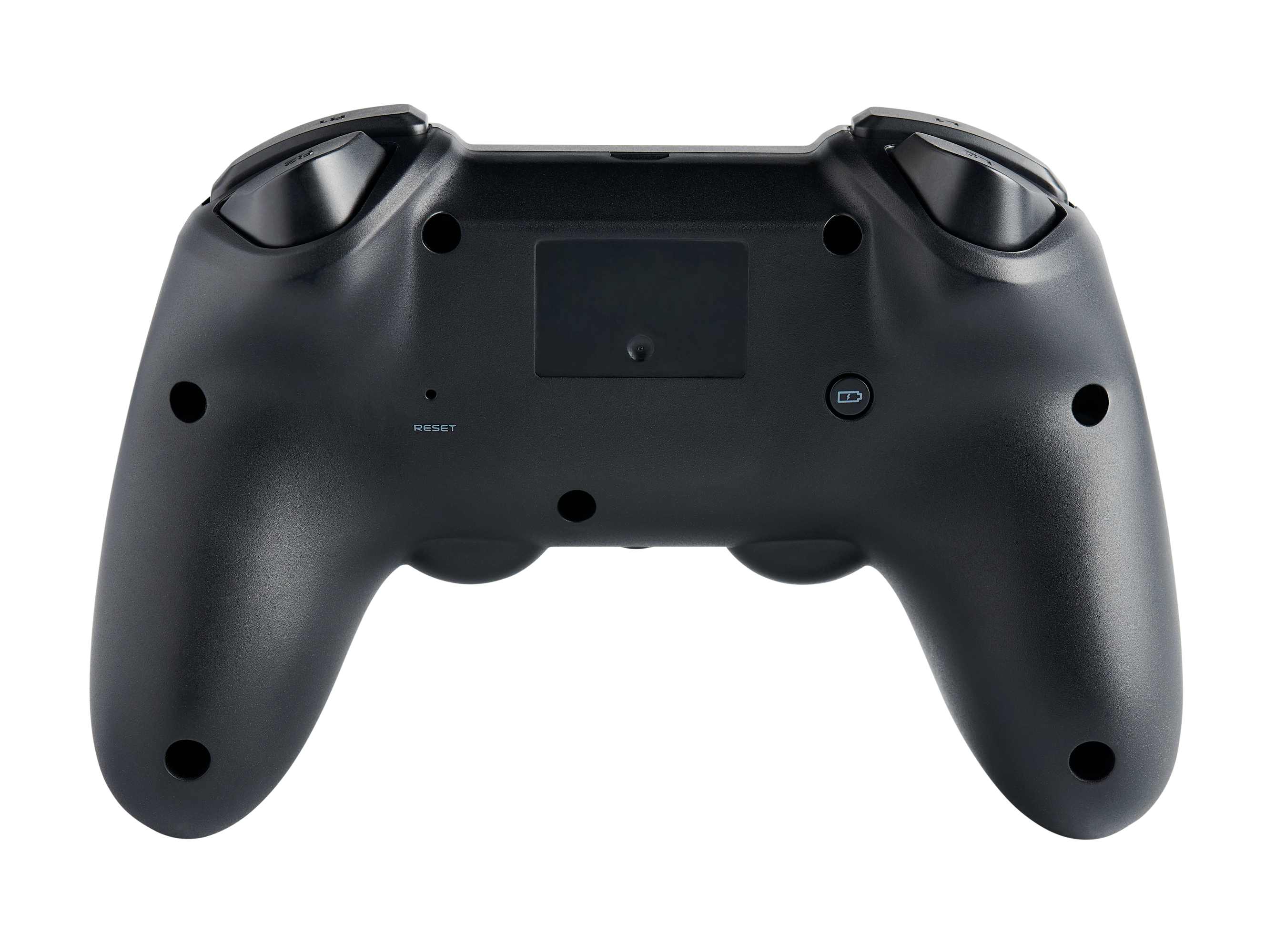 Black controller for a game console, with buttons, joysticks, and a reset button.
