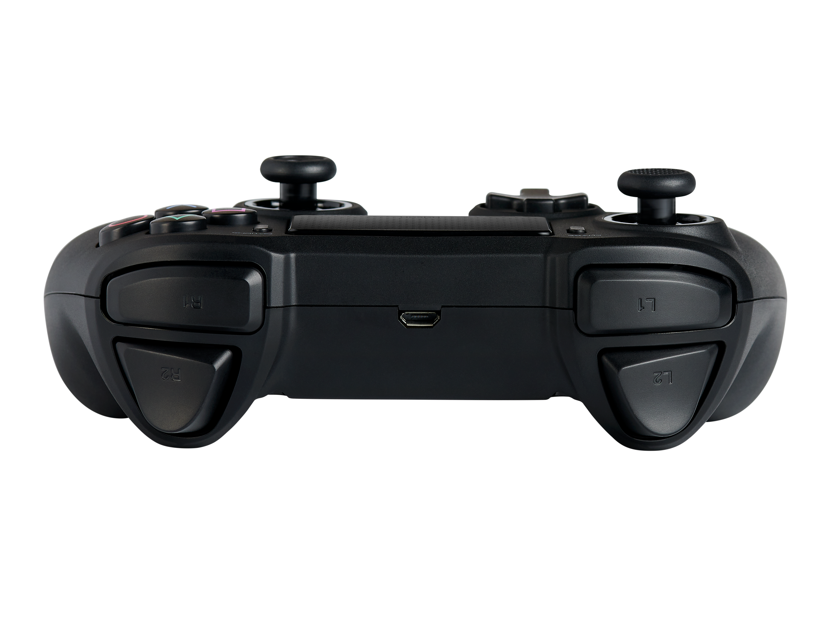 Black game controller with buttons. It has two joysticks and buttons on the top.