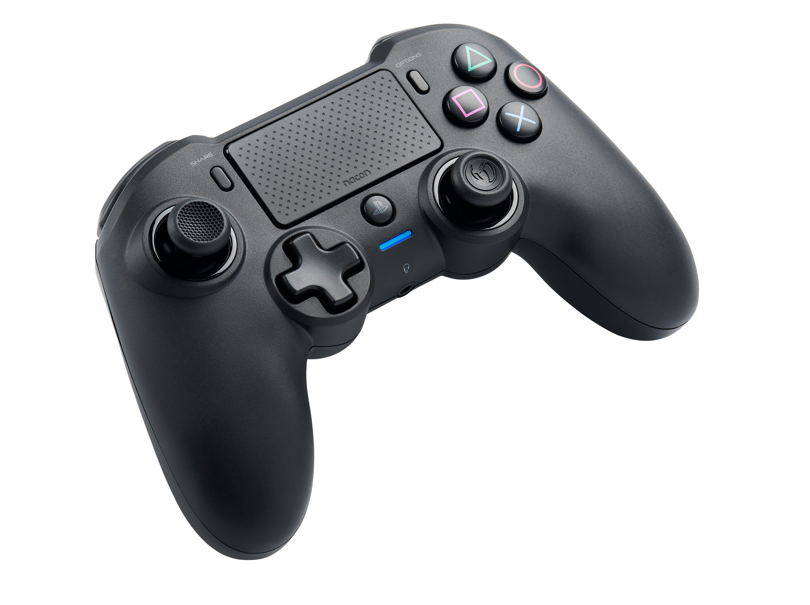 Black game controller with various colored buttons and a central touchpad.