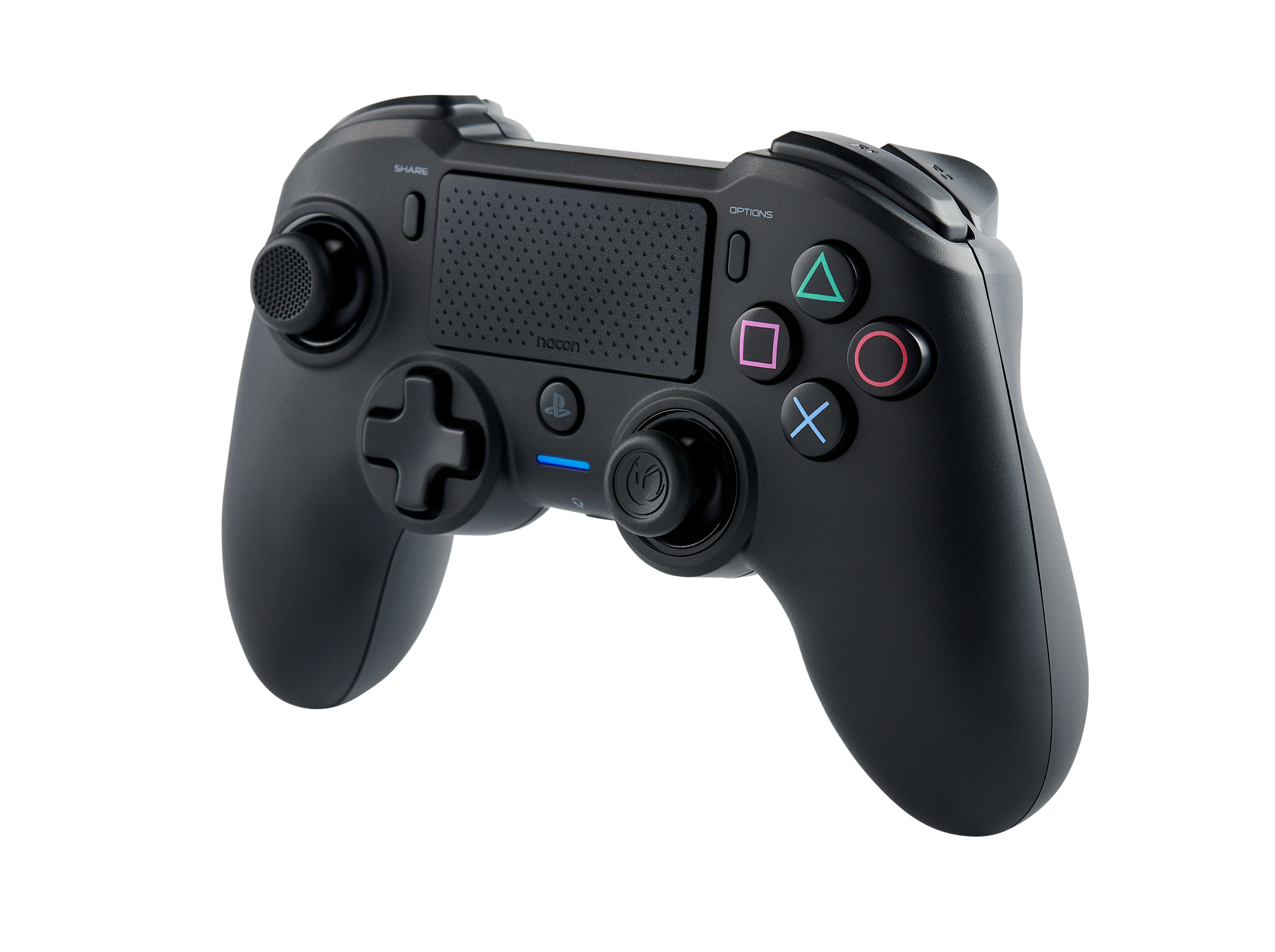 A black game controller with various colored buttons and a central joystick, on a black surface.