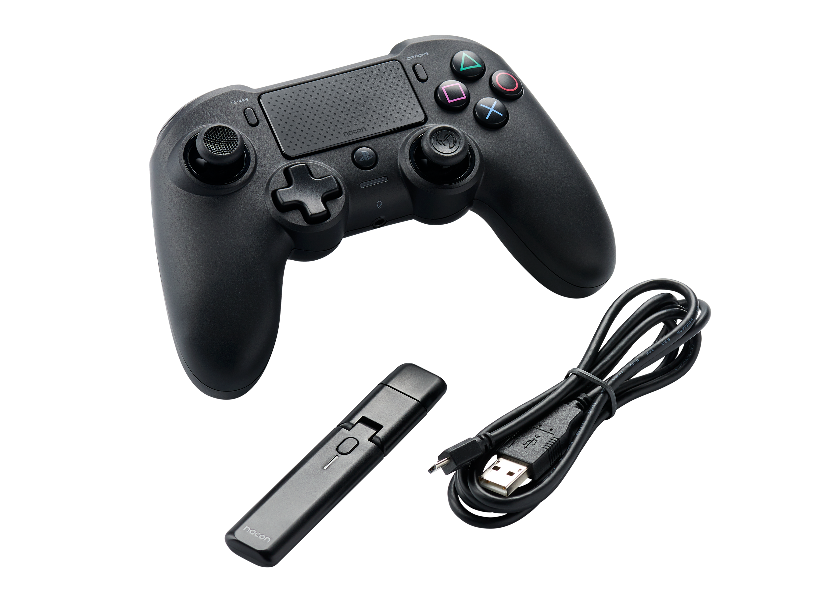 Black game controller with a cable and a USB dongle, all on a black background.