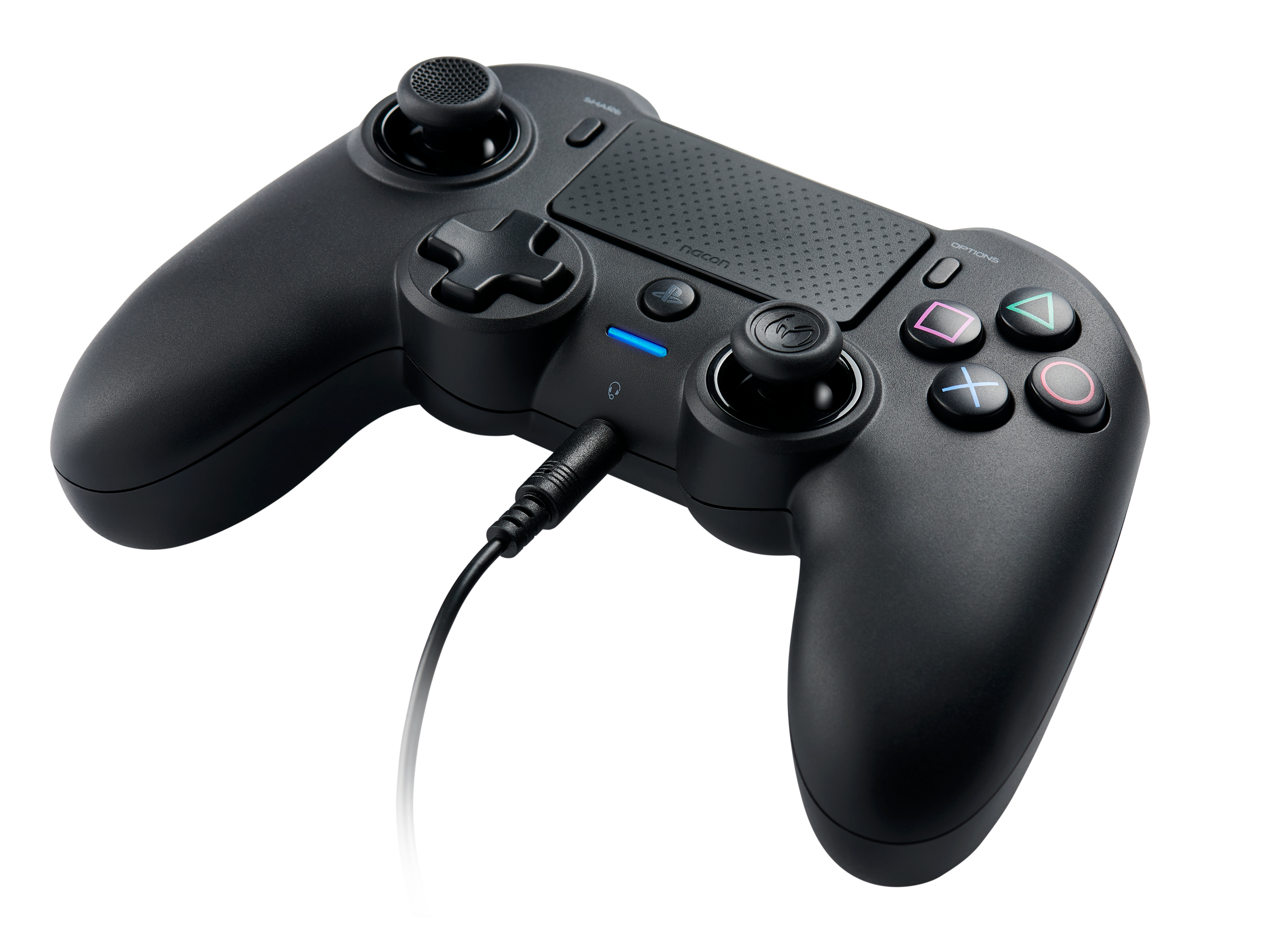 Black gamepad with buttons and a cable.  Black background.