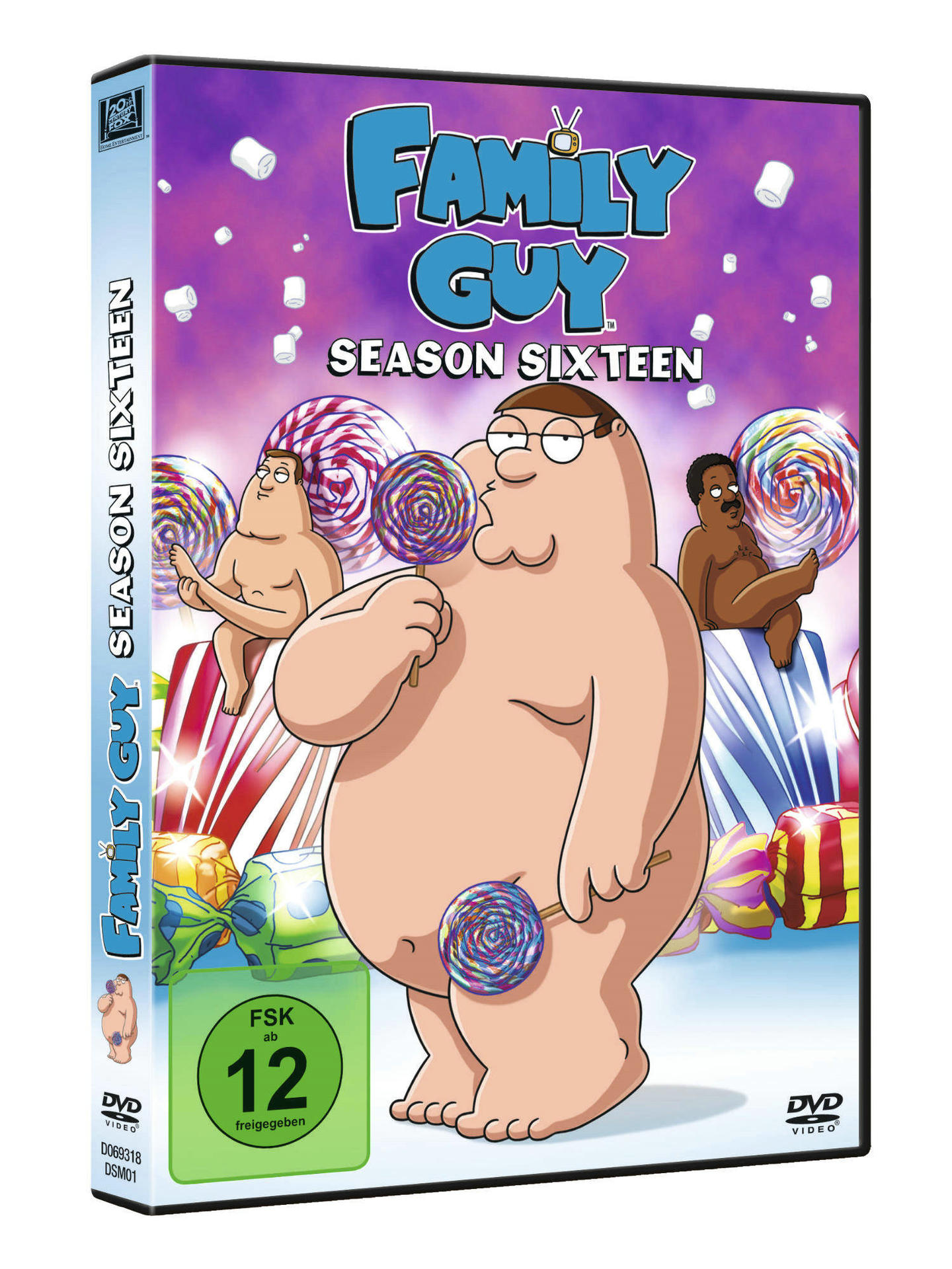 Eine DVD-Box für Family Guy Staffel Sechzehn mit Peter Griffin mit Lollis und Süßigkeiten.