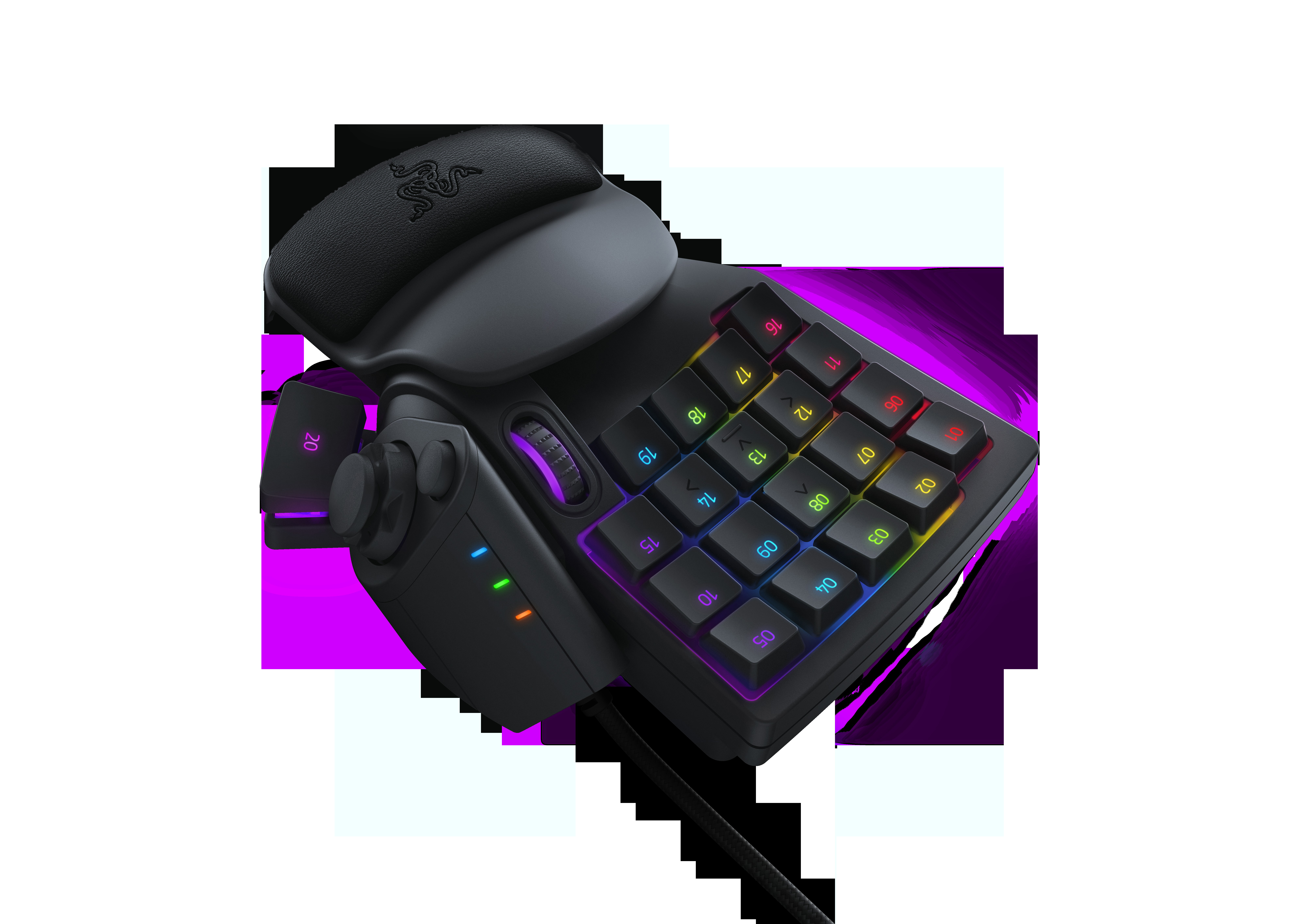 Schwarzes Razer Gaming-Keypad mit farbigen Tasten, Joystick und Handballenauflage.