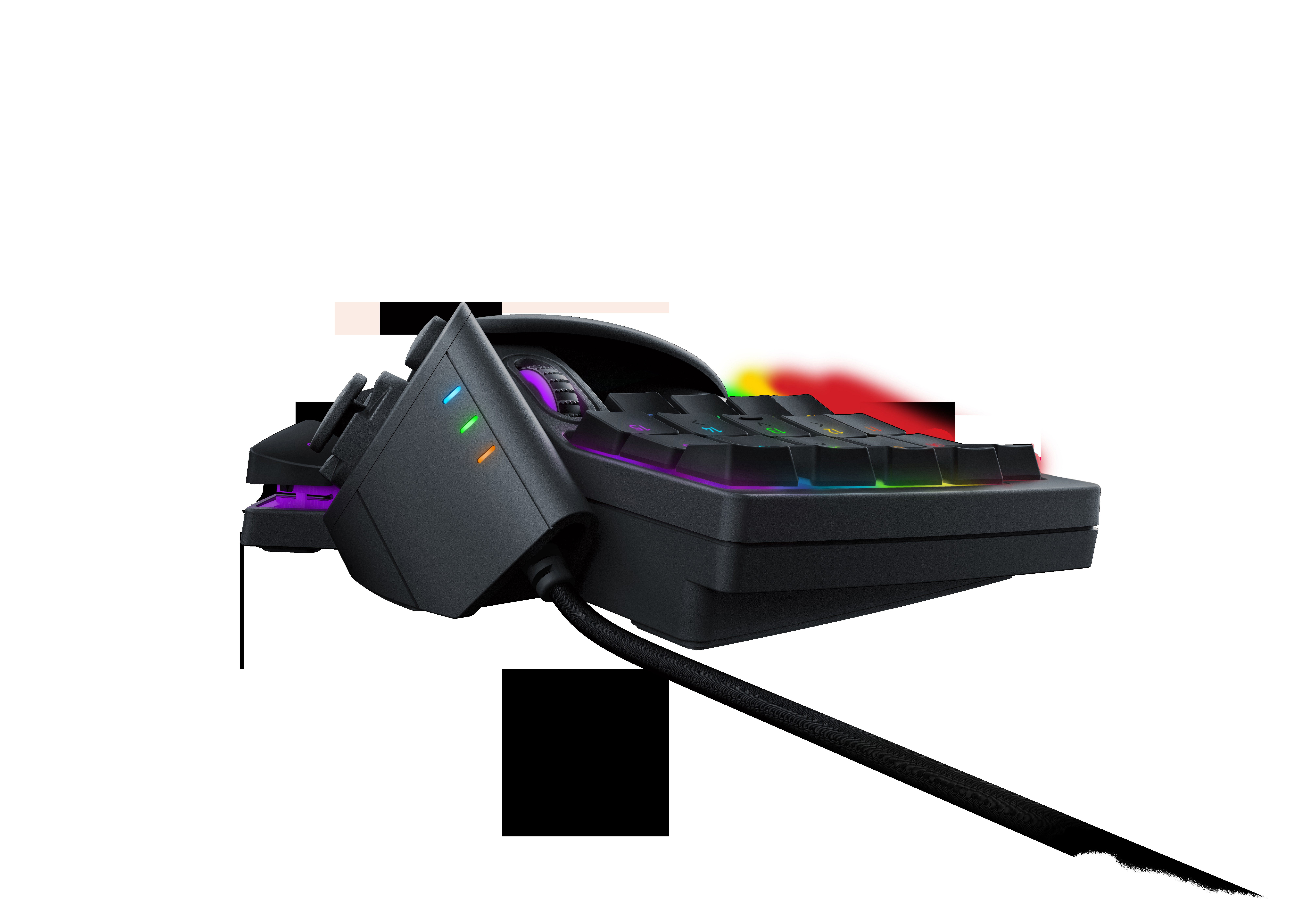 Schwarze Gaming-Tastatur. Hat Tasten und eine Seitenwand mit einem Rad und Lichtern.