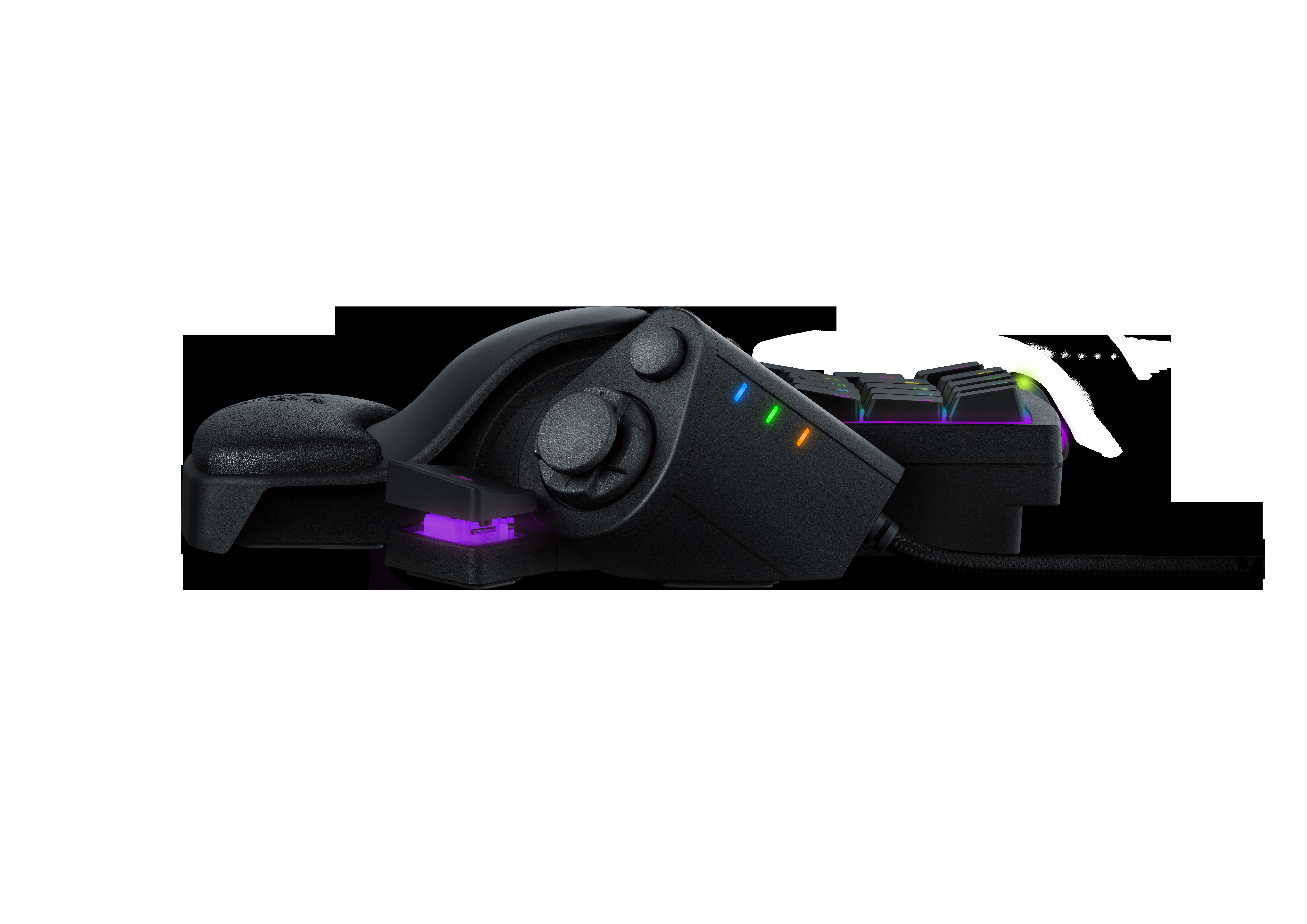 Razer Tartarus Pro Keypad. Schwarz, mit Tasten, einem Joystick und LED-Anzeigen, auf weißem Hintergrund.