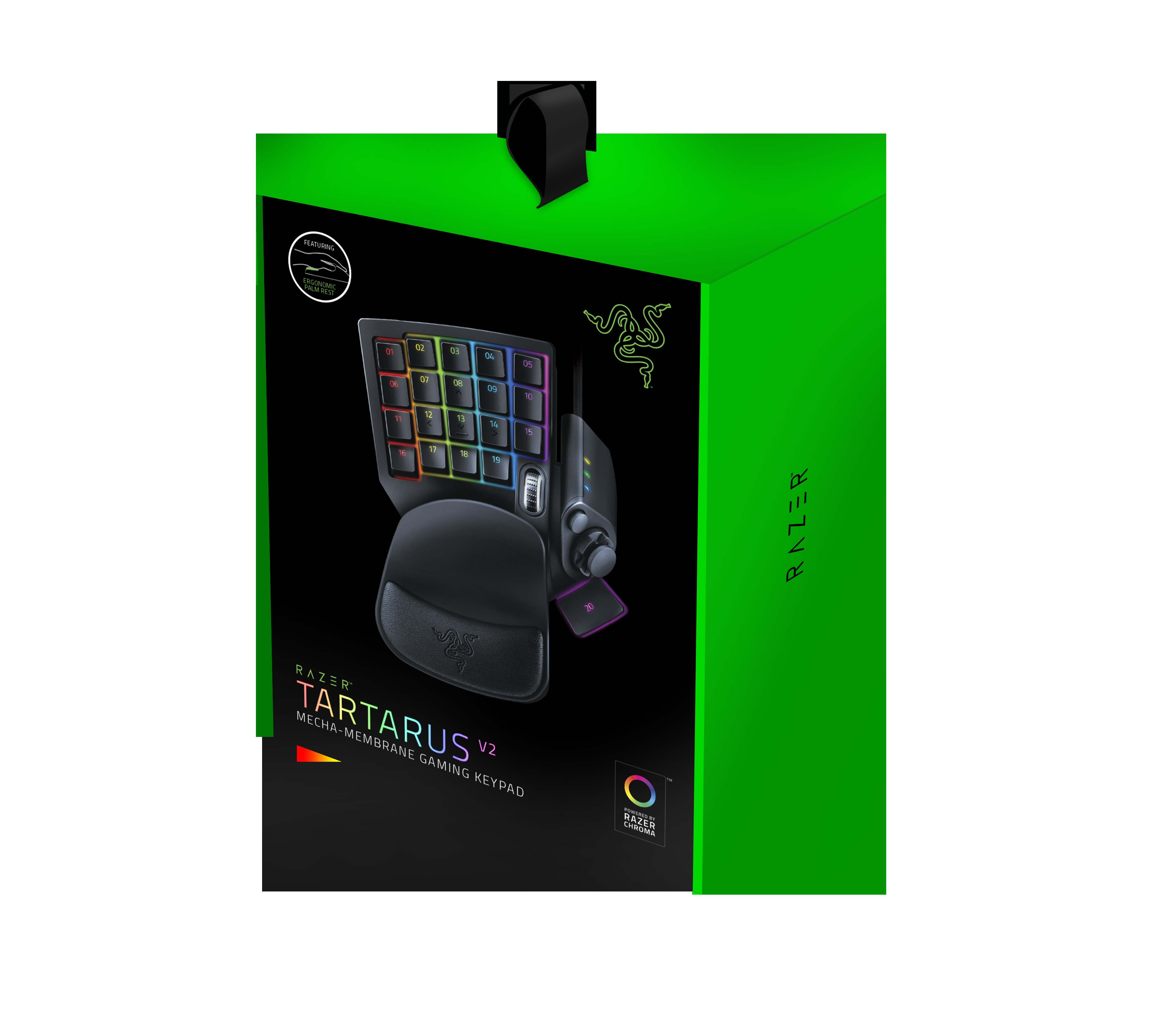 Eine schwarze Razer Tartarus V2 Tastatur in ihrer Box, mit grünen Akzenten.
