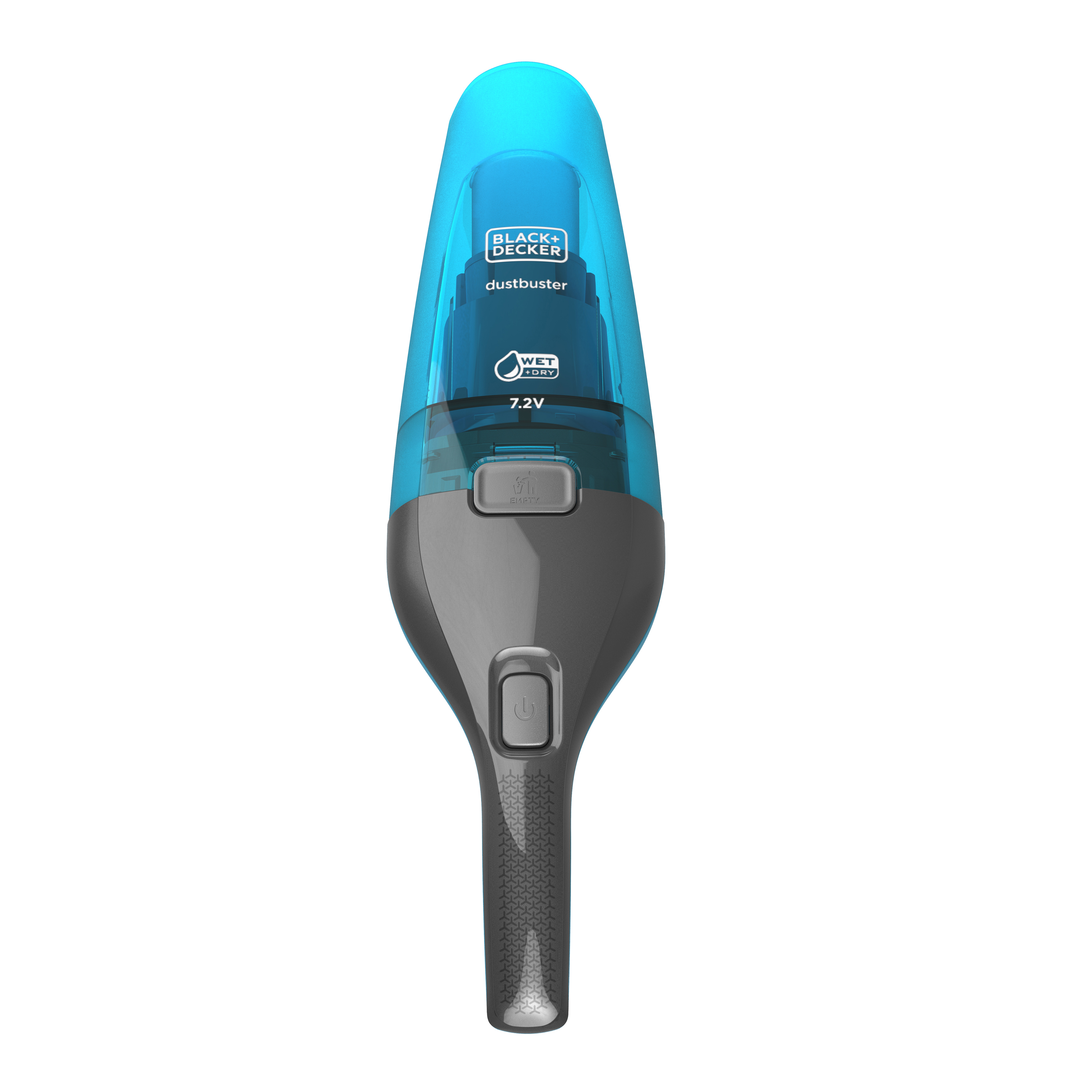 Schwarzer und blauer Handstaubsauger. Das Black+Decker-Logo befindet sich oben. Wet/Dry-Etikett sichtbar.