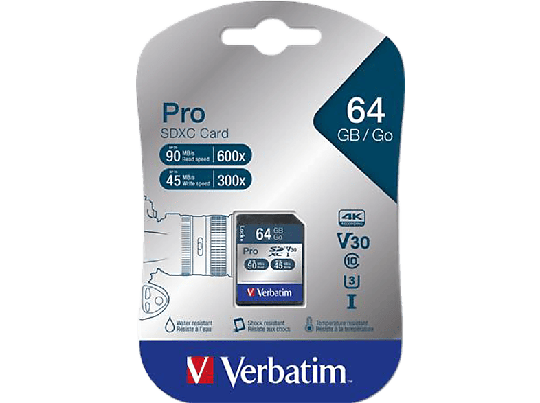 VERBATIM MVS64GP Memóriakártya, SDXC, 64GB, CL10/U3, 90/45MB/sec, "PRO