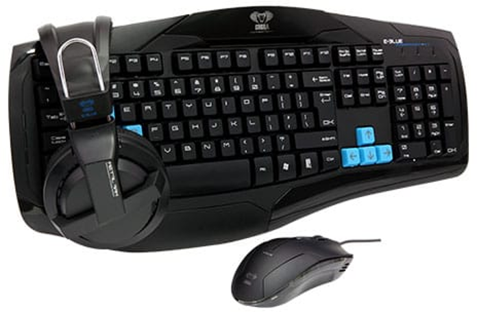 A black keyboard, mouse, and headset. Keyboard has blue keys and gaming features.