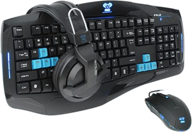 Black gaming keyboard with blue keys and a headset. Mouse included. Blue and black color scheme.
