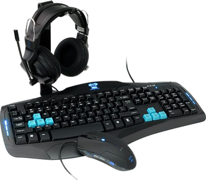 Gaming keyboard, mouse, and headset. Keyboard has blue keys. The setup is on a white background.