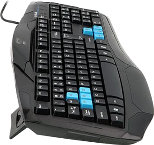 Black ergonomic keyboard with blue keys, angled and curved design.