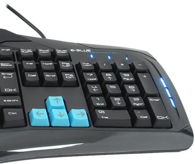 Close-up of a black gaming keyboard with blue arrow keys and other function keys.
