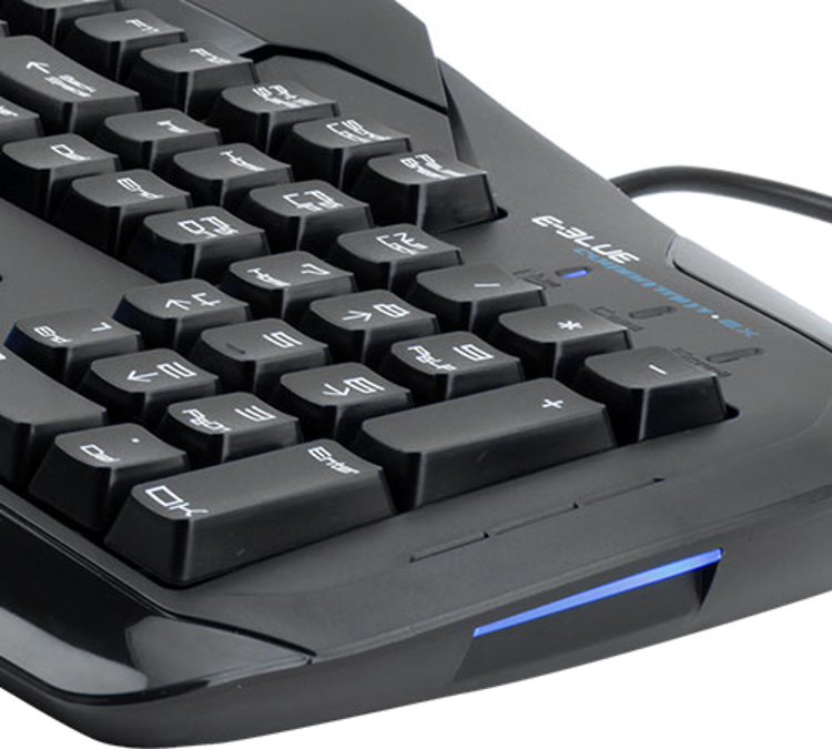 Close-up of a black gaming keyboard with white key characters. The brand is E-BLUE.
