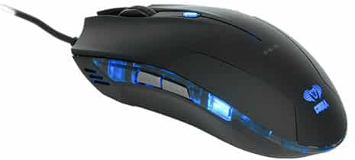 Black gaming mouse with blue lights and a wire, on a white background.