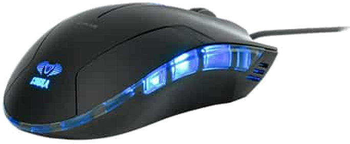 Black gaming mouse with blue LED lights. Features a logo and a wired connection.