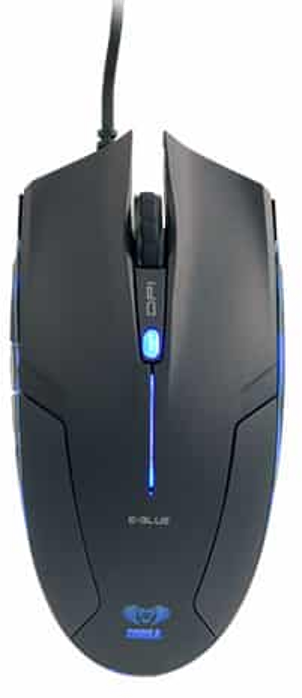 Black gaming mouse, top view, with blue lighting and a connecting cable. The brand name is visible.