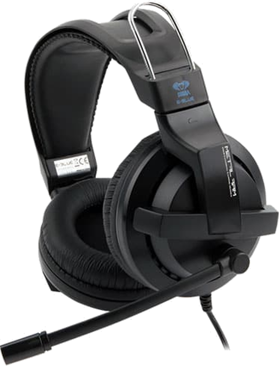 Black gaming headset with a microphone. It has large earcups and a blue logo.